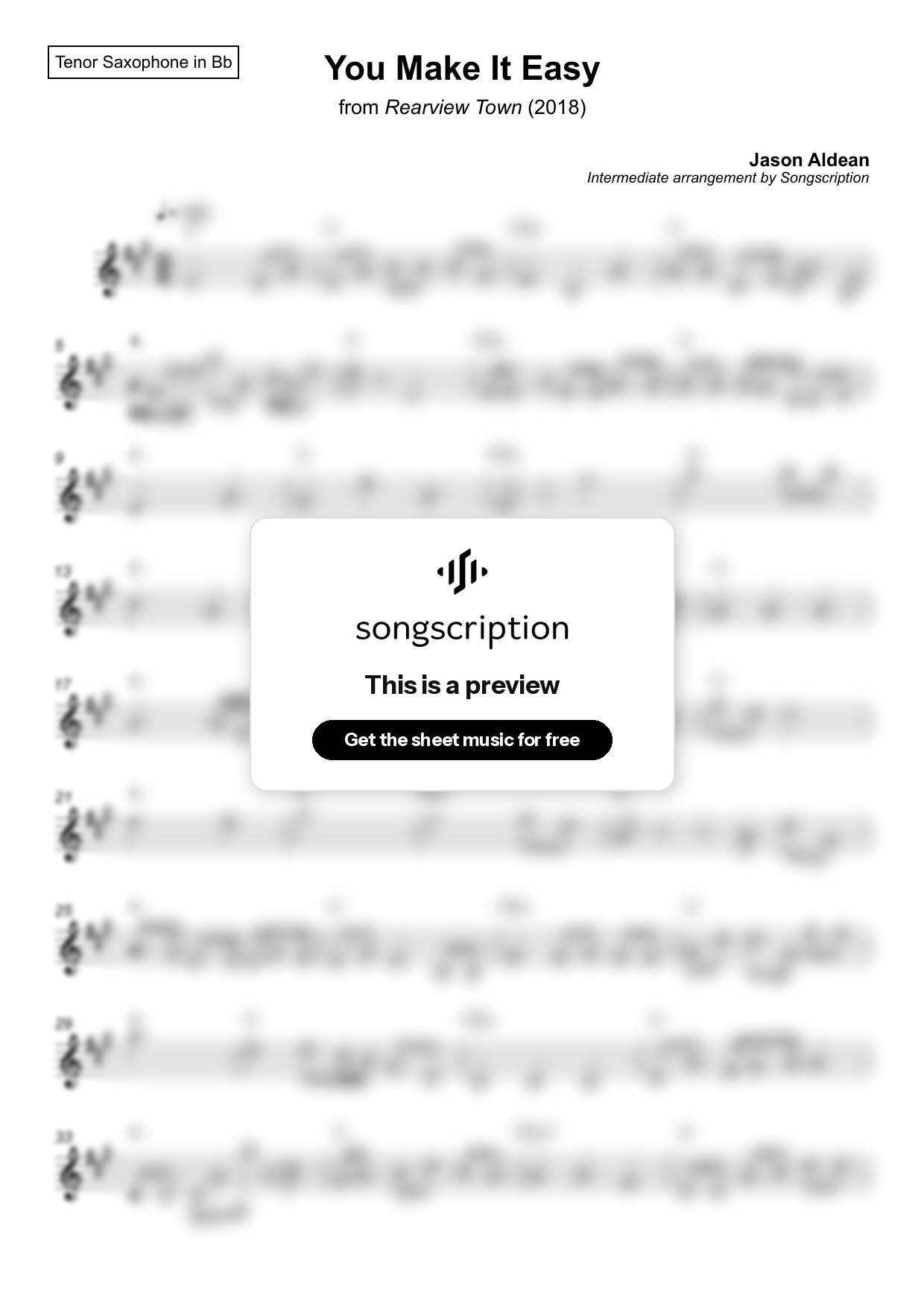 Intermediate Tenor Sax Sheet Music for "You Make It Easy" by Jason Aldean