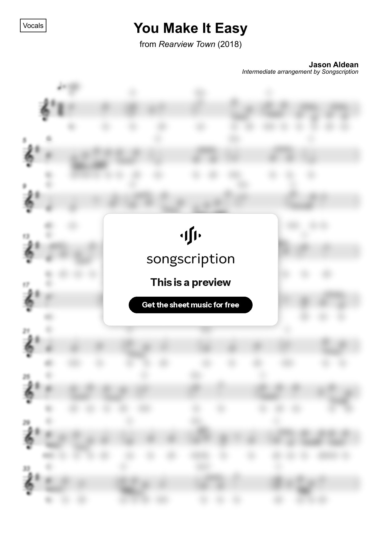 Intermediate Vocals Sheet Music for "You Make It Easy" by Jason Aldean