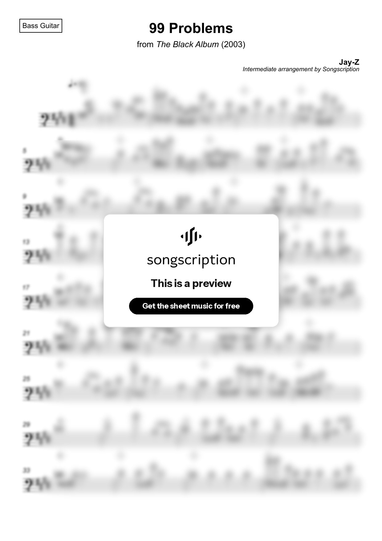 Intermediate Bass Guitar Sheet Music for "99 Problems" by Jay-Z