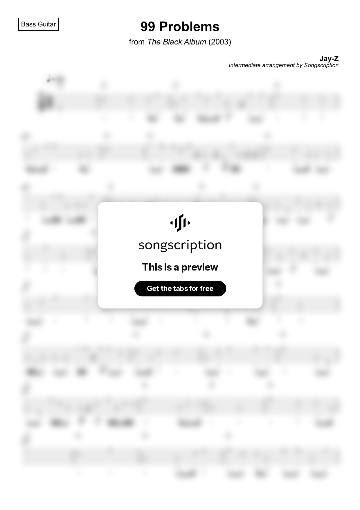 Intermediate Bass Guitar Tabs for "99 Problems" by Jay-Z