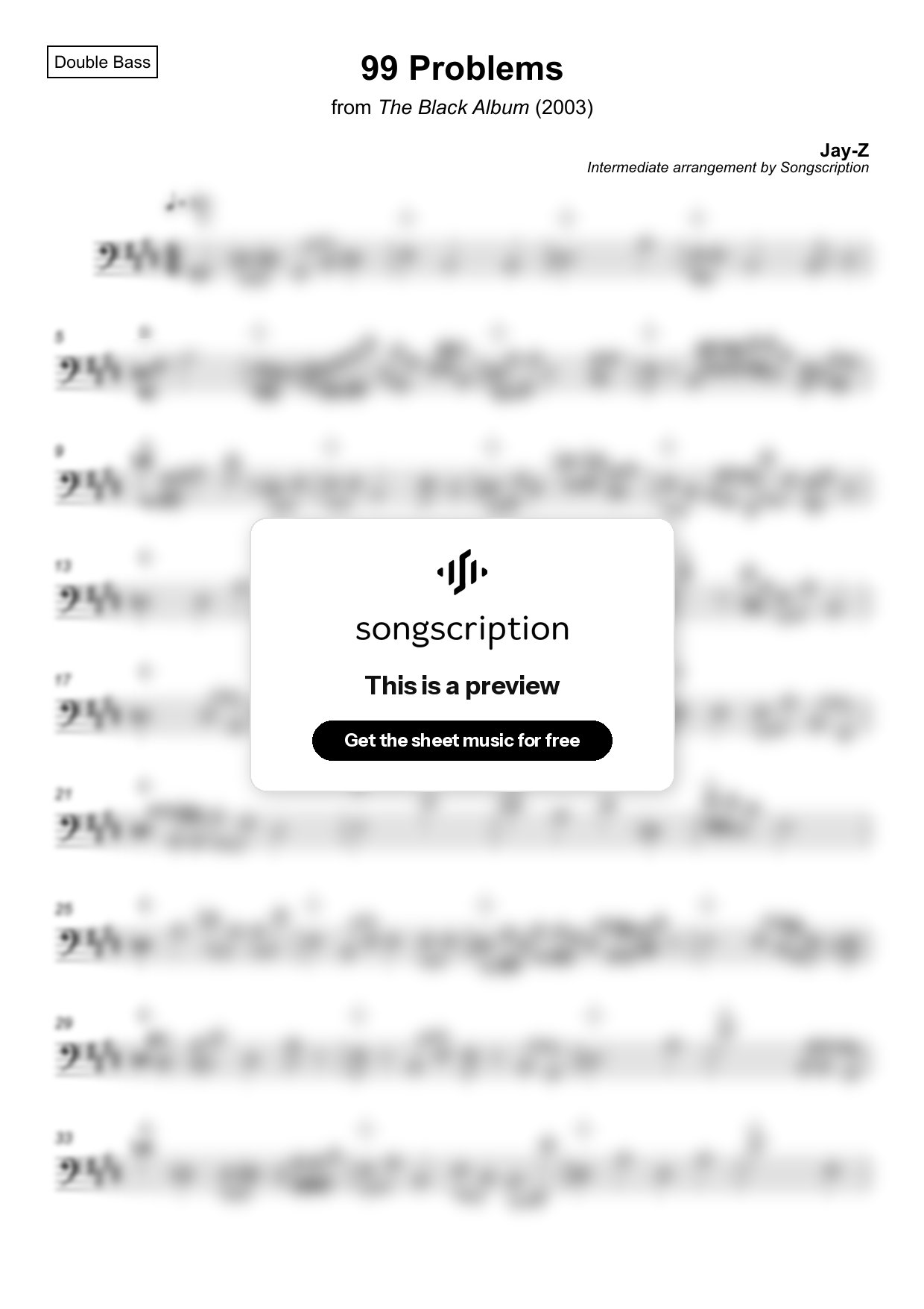 Intermediate Double Bass Sheet Music for "99 Problems" by Jay-Z