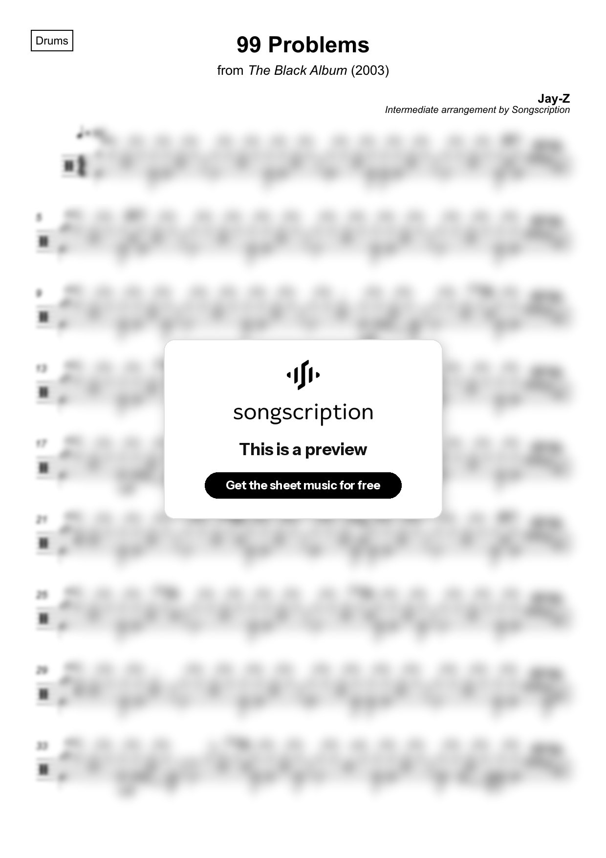Intermediate Drums Sheet Music for "99 Problems" by Jay-Z