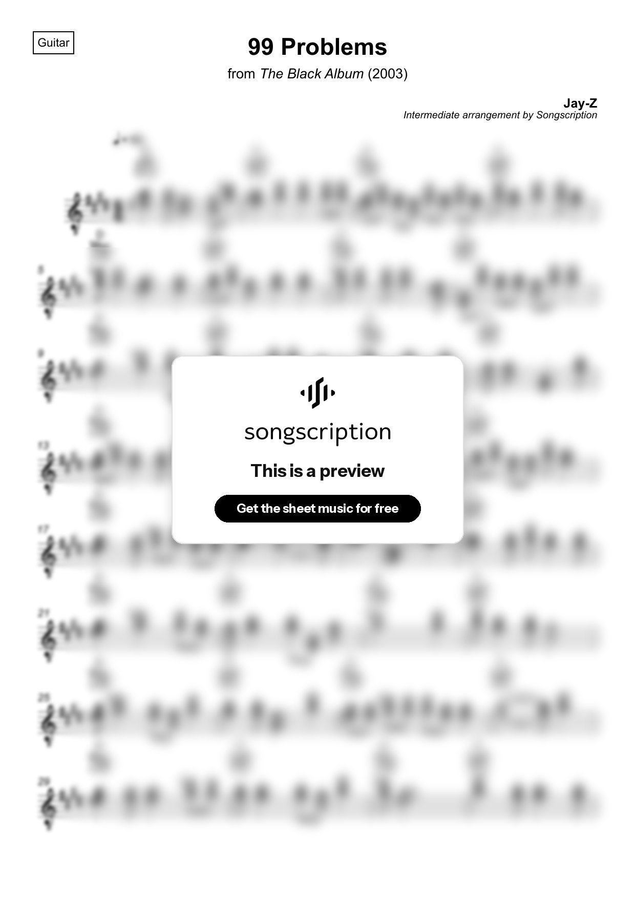 Intermediate Acoustic Guitar Sheet Music for "99 Problems" by Jay-Z