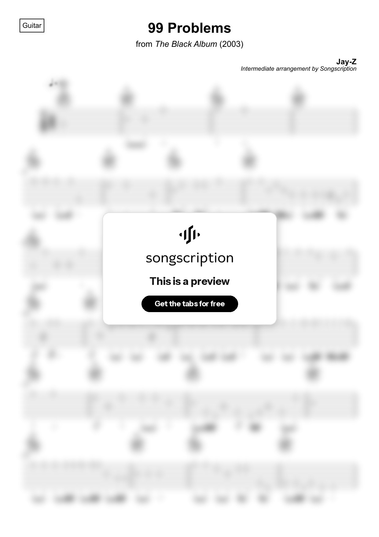 Intermediate Acoustic Guitar Tabs for "99 Problems" by Jay-Z