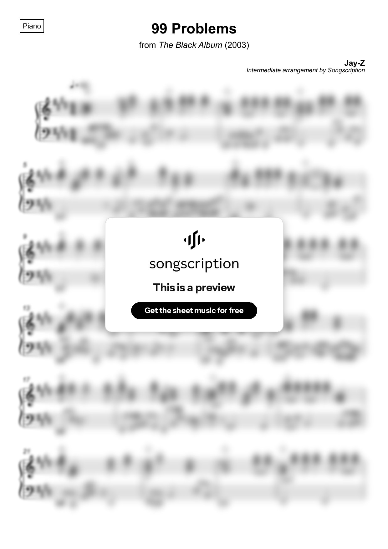 Intermediate Piano Sheet Music for "99 Problems" by Jay-Z