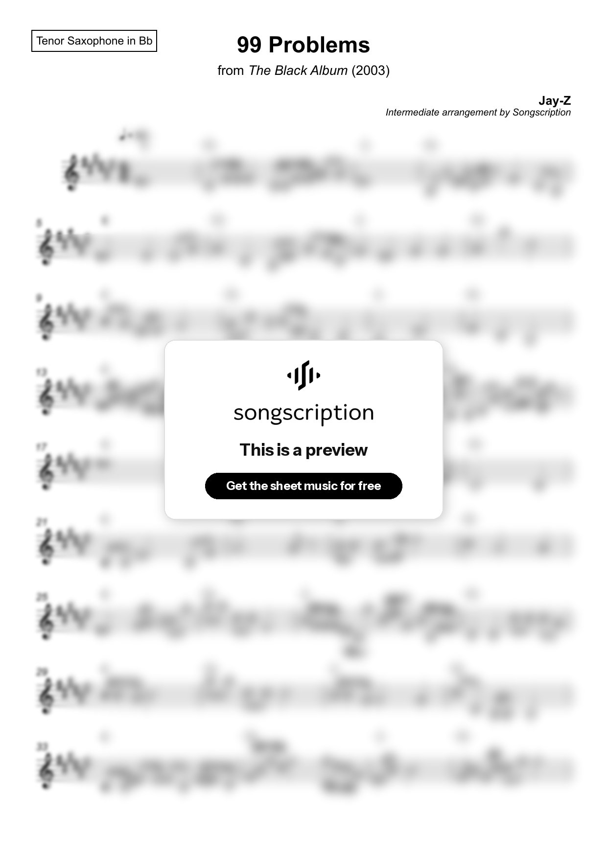 Intermediate Tenor Sax Sheet Music for "99 Problems" by Jay-Z