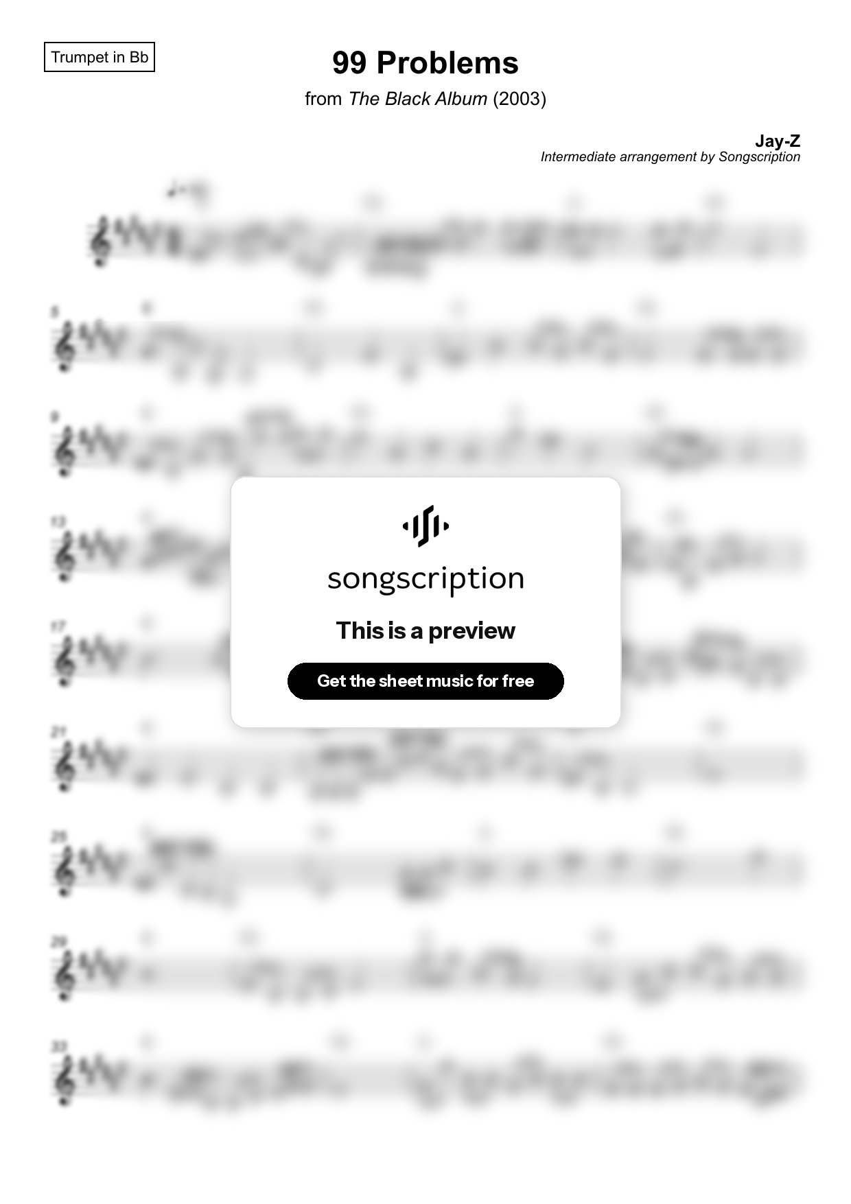 Intermediate Trumpet Sheet Music for "99 Problems" by Jay-Z