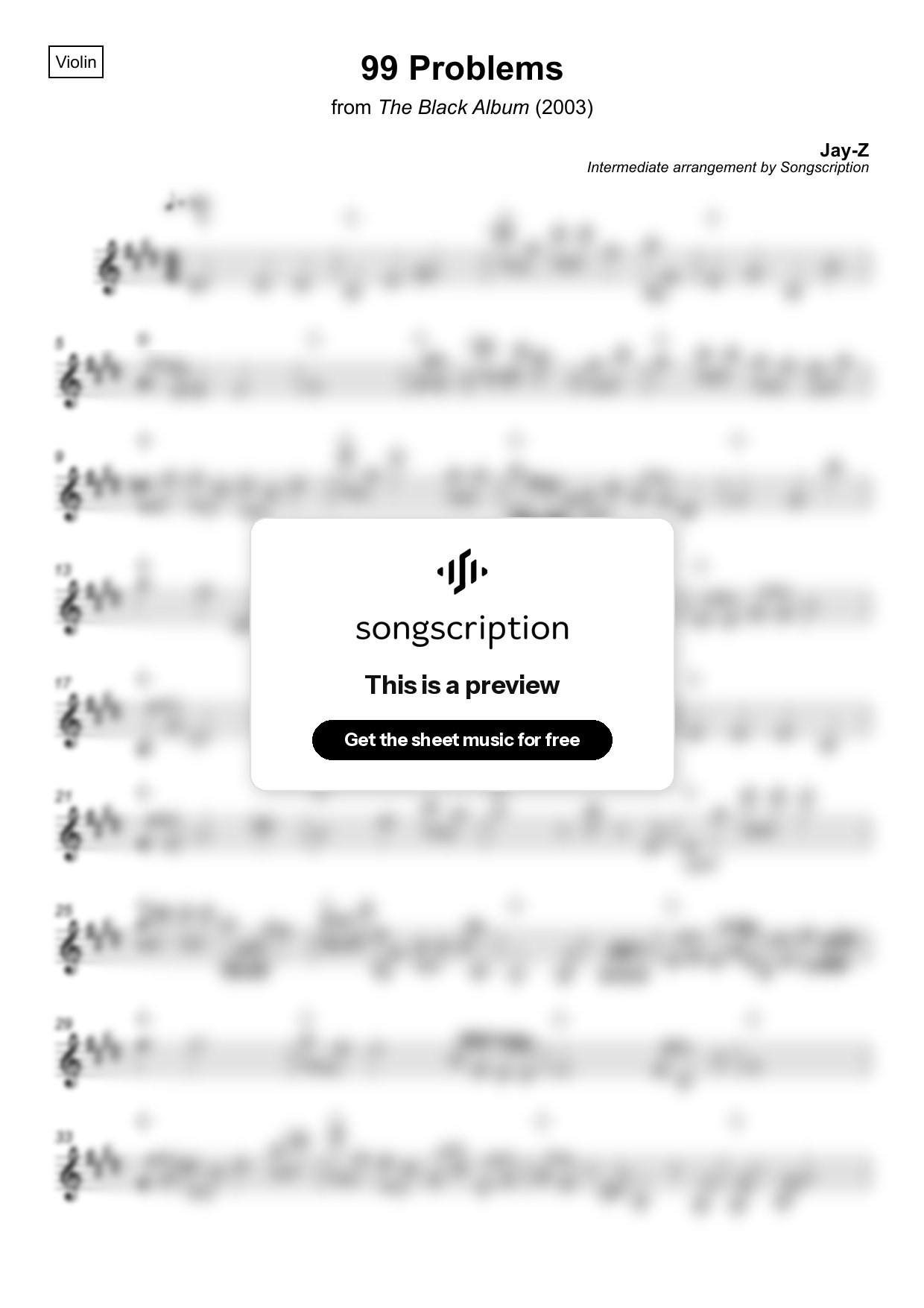 Intermediate Violin Sheet Music for "99 Problems" by Jay-Z