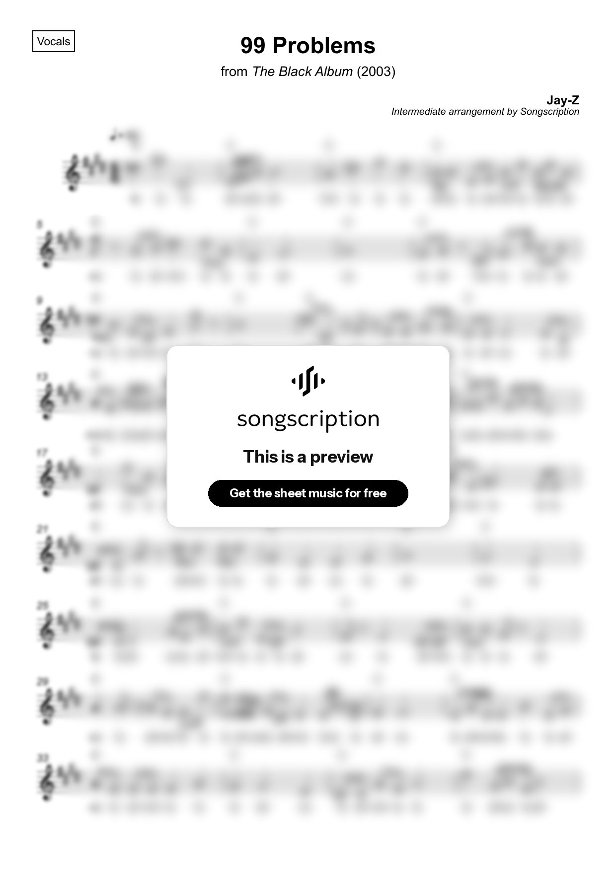 Intermediate Vocals Sheet Music for "99 Problems" by Jay-Z