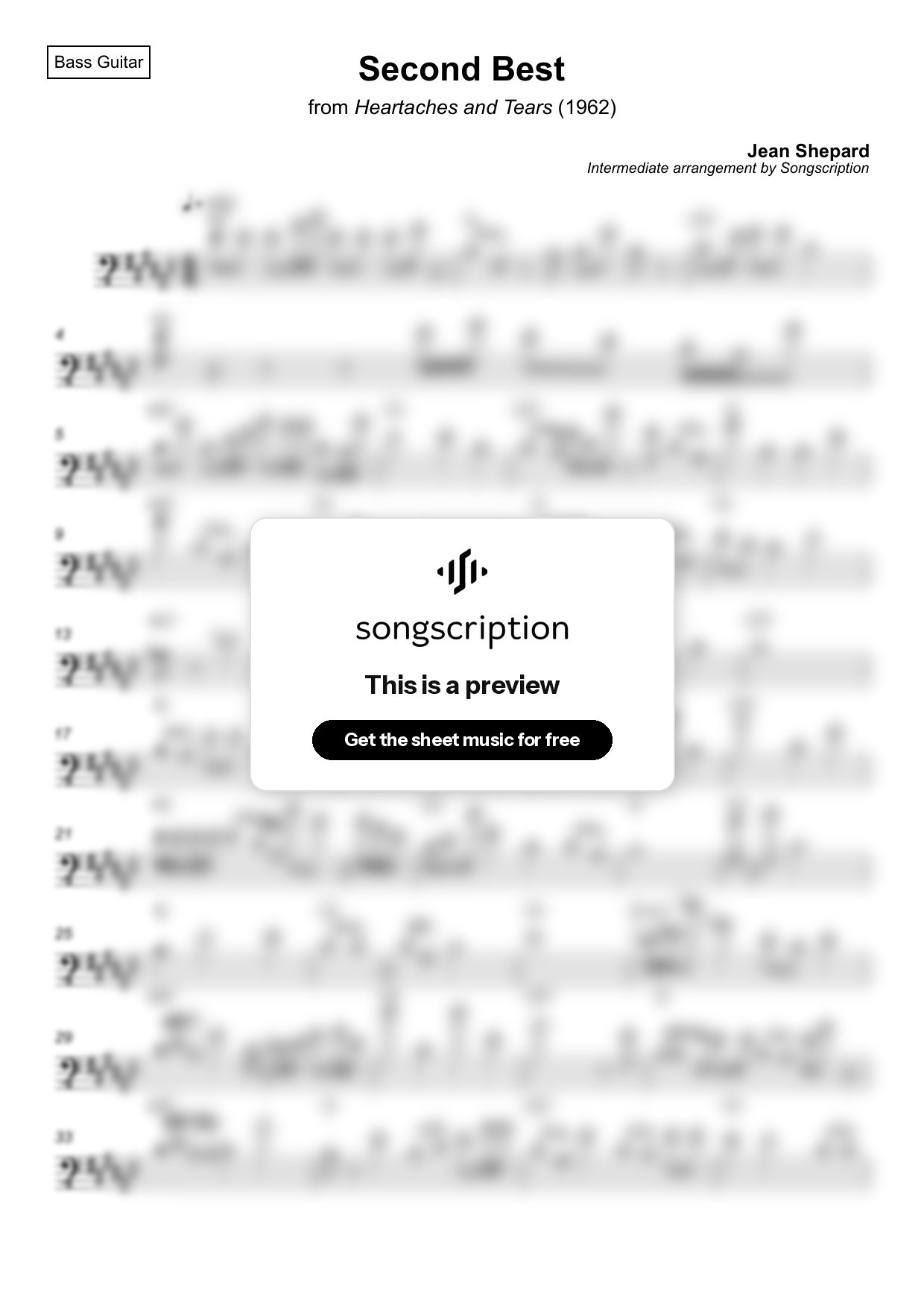 Intermediate Bass Guitar Sheet Music for "Second Best" by Jean Shepard