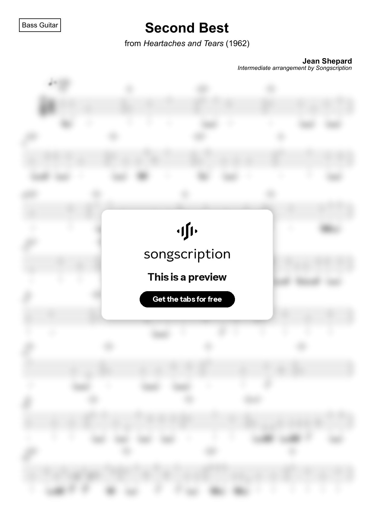 Intermediate Bass Guitar Tabs for "Second Best" by Jean Shepard