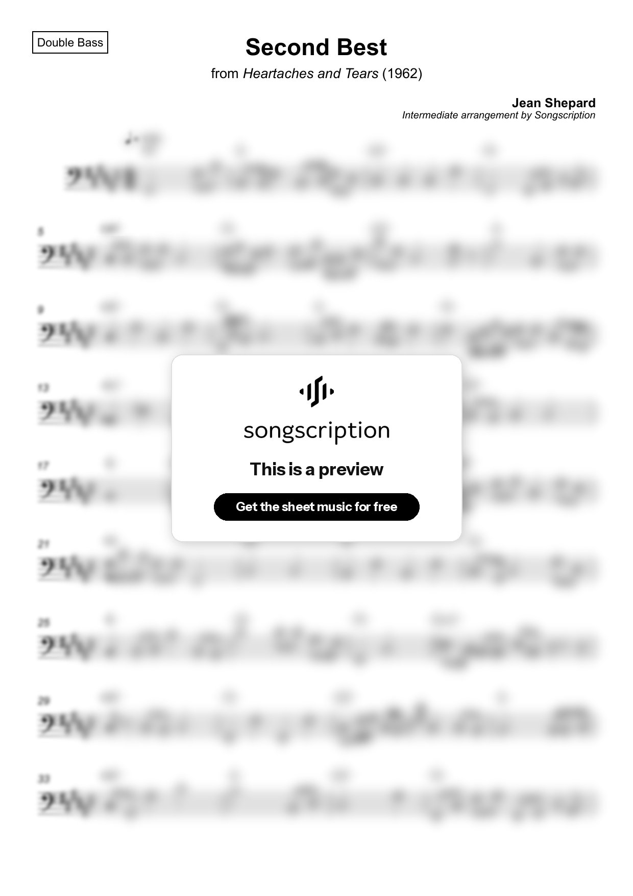 Intermediate Double Bass Sheet Music for "Second Best" by Jean Shepard