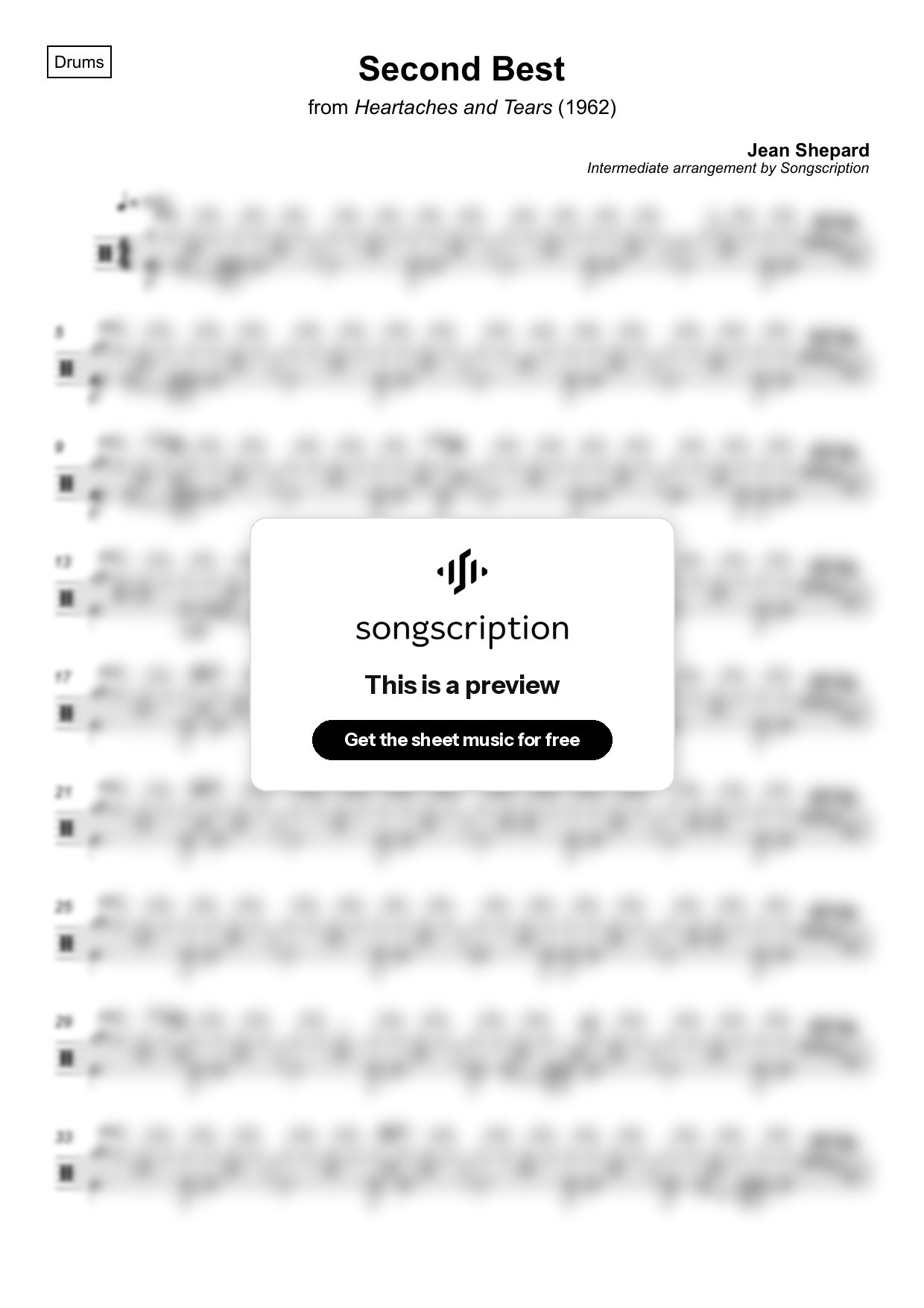 Intermediate Drums Sheet Music for "Second Best" by Jean Shepard