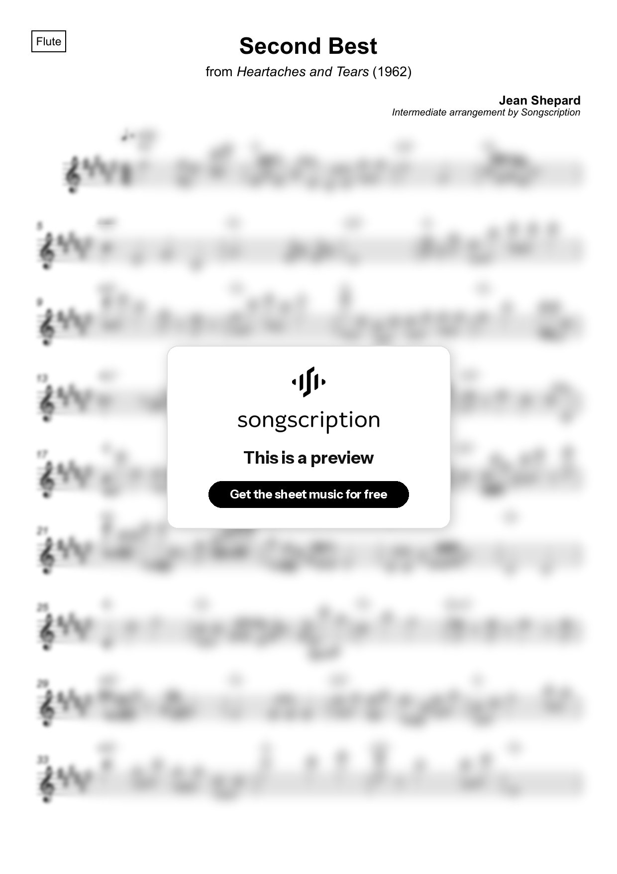 Intermediate Flute Sheet Music for "Second Best" by Jean Shepard