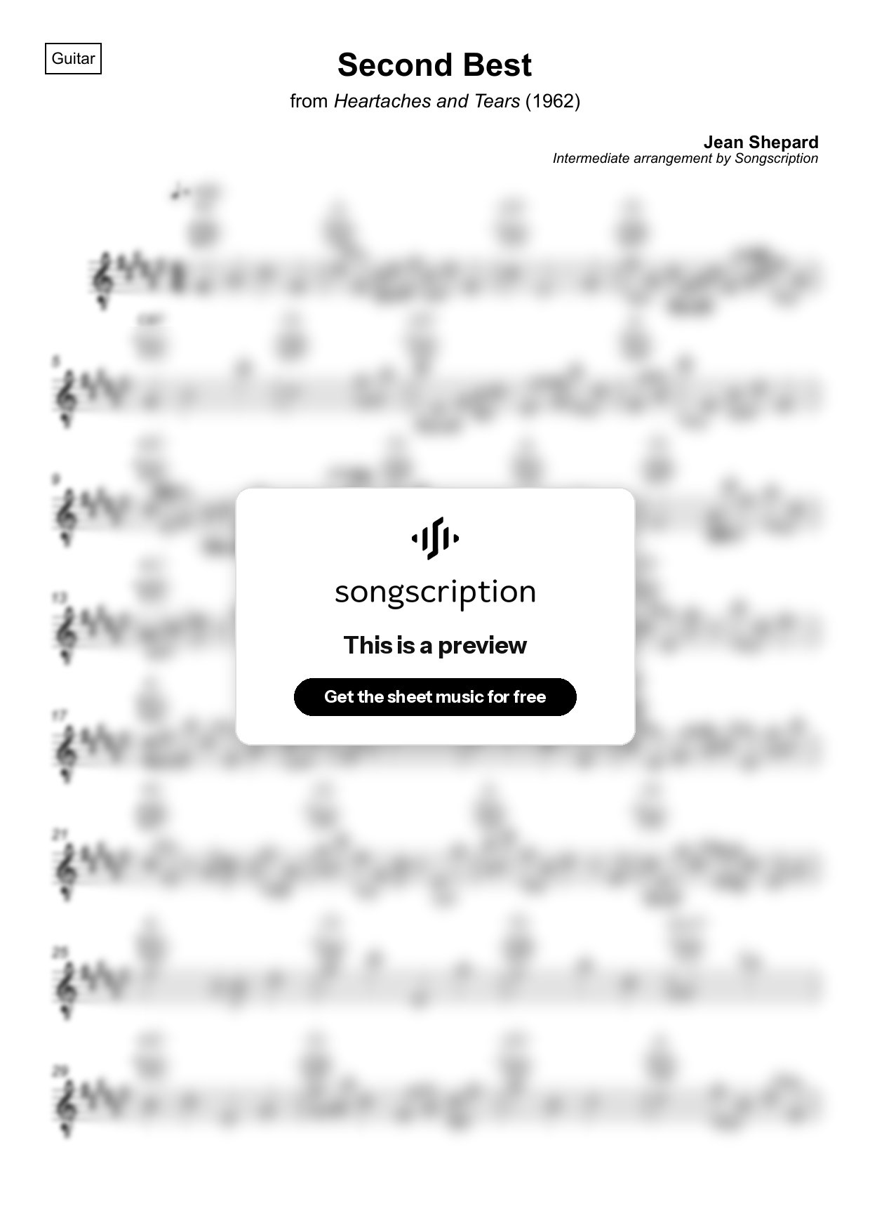 Intermediate Acoustic Guitar Sheet Music for "Second Best" by Jean Shepard