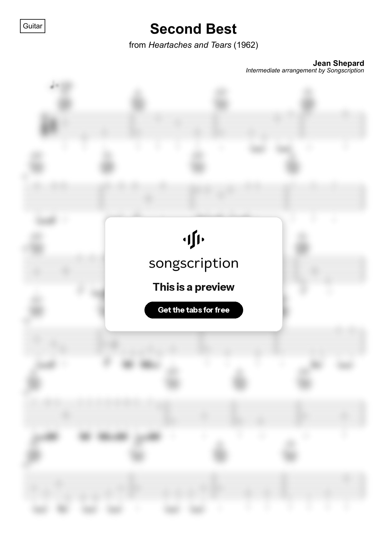 Intermediate Acoustic Guitar Tabs for "Second Best" by Jean Shepard