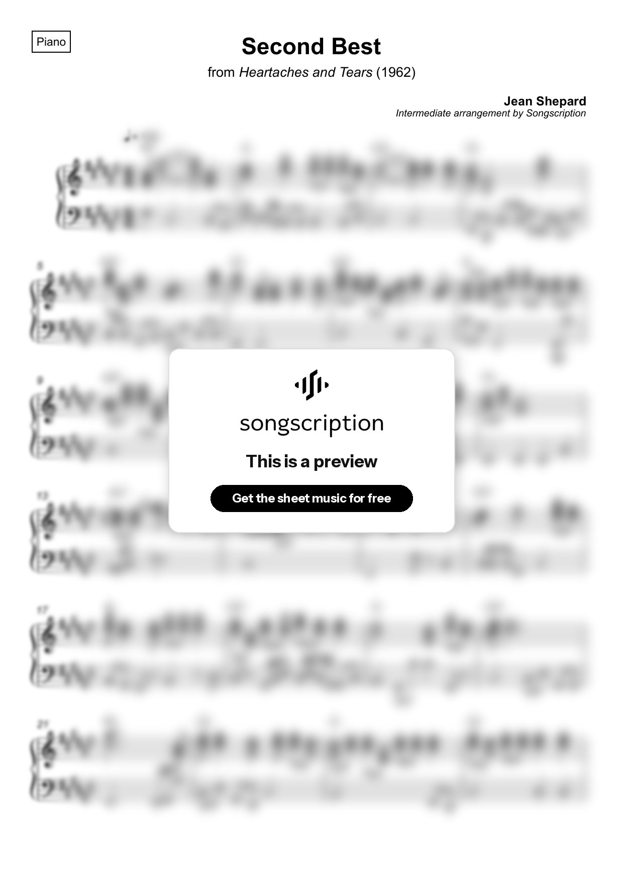 Intermediate Piano Sheet Music for "Second Best" by Jean Shepard