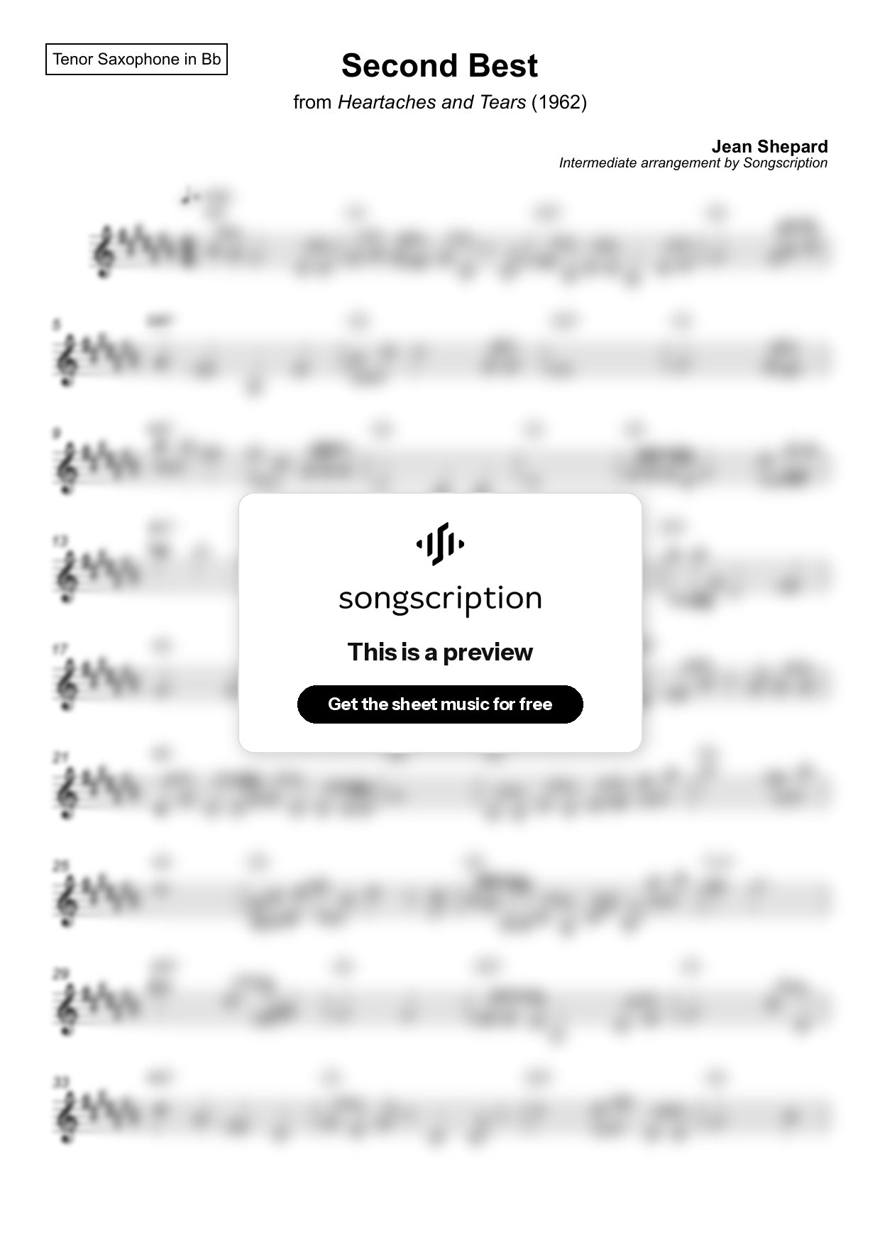 Intermediate Tenor Sax Sheet Music for "Second Best" by Jean Shepard