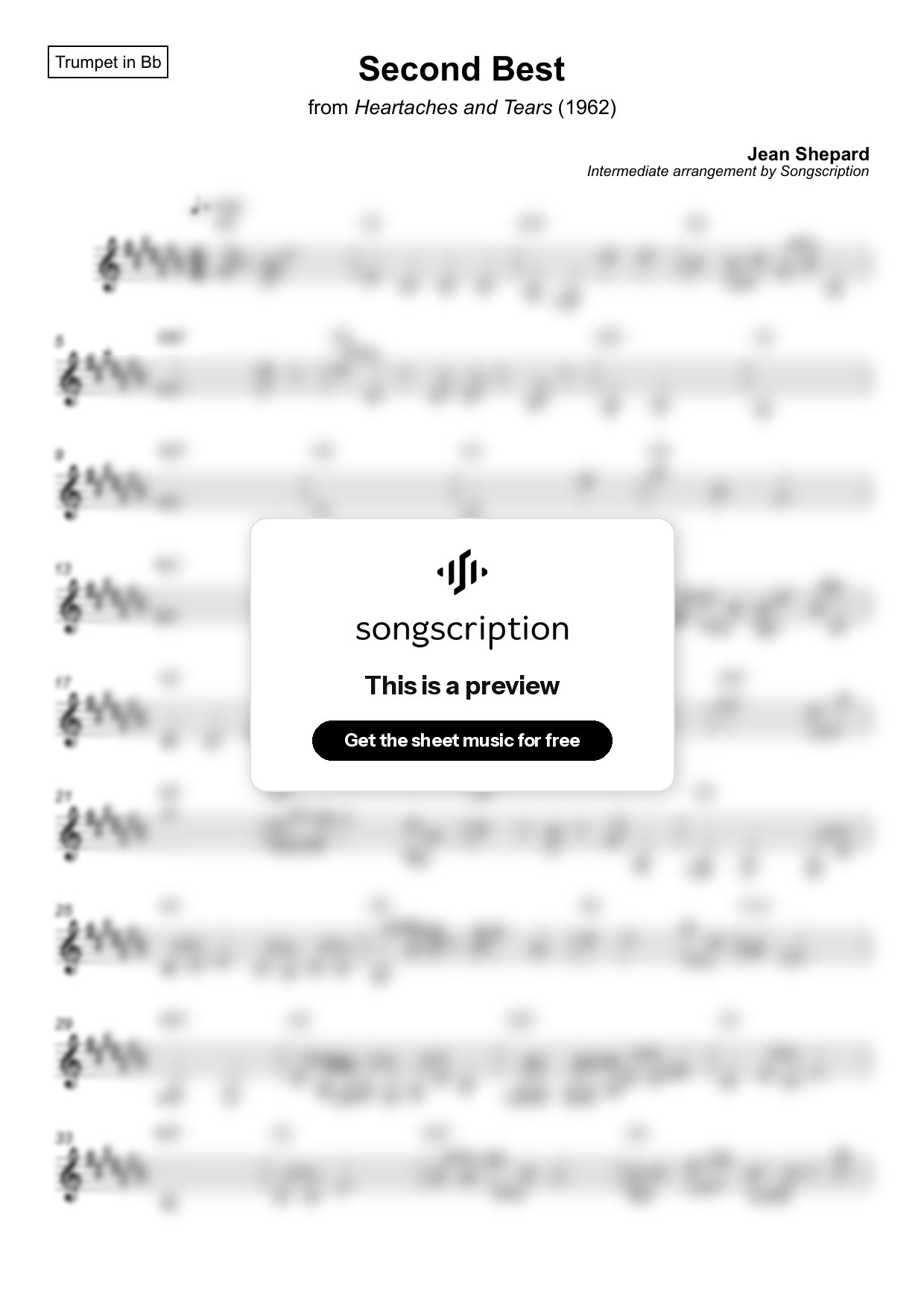 Intermediate Trumpet Sheet Music for "Second Best" by Jean Shepard