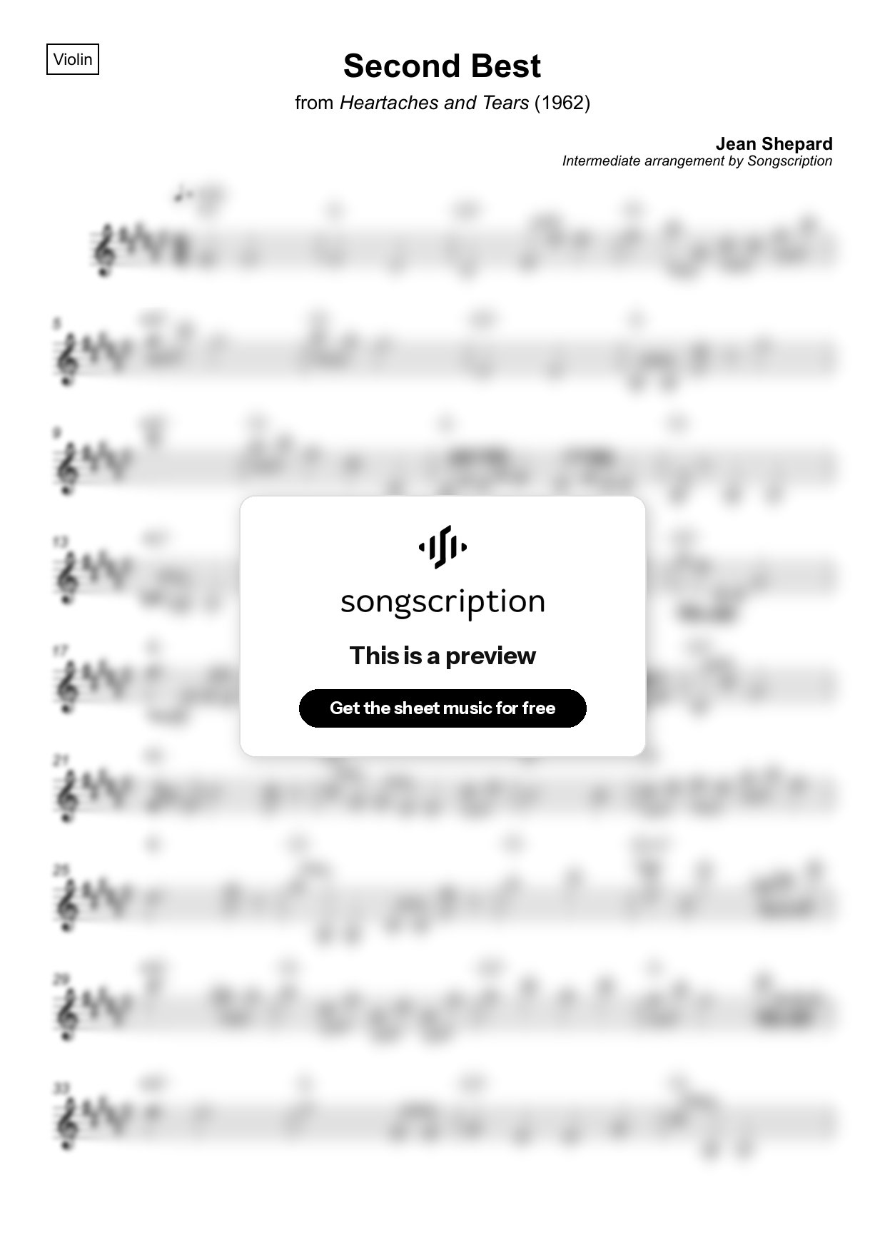 Intermediate Violin Sheet Music for "Second Best" by Jean Shepard
