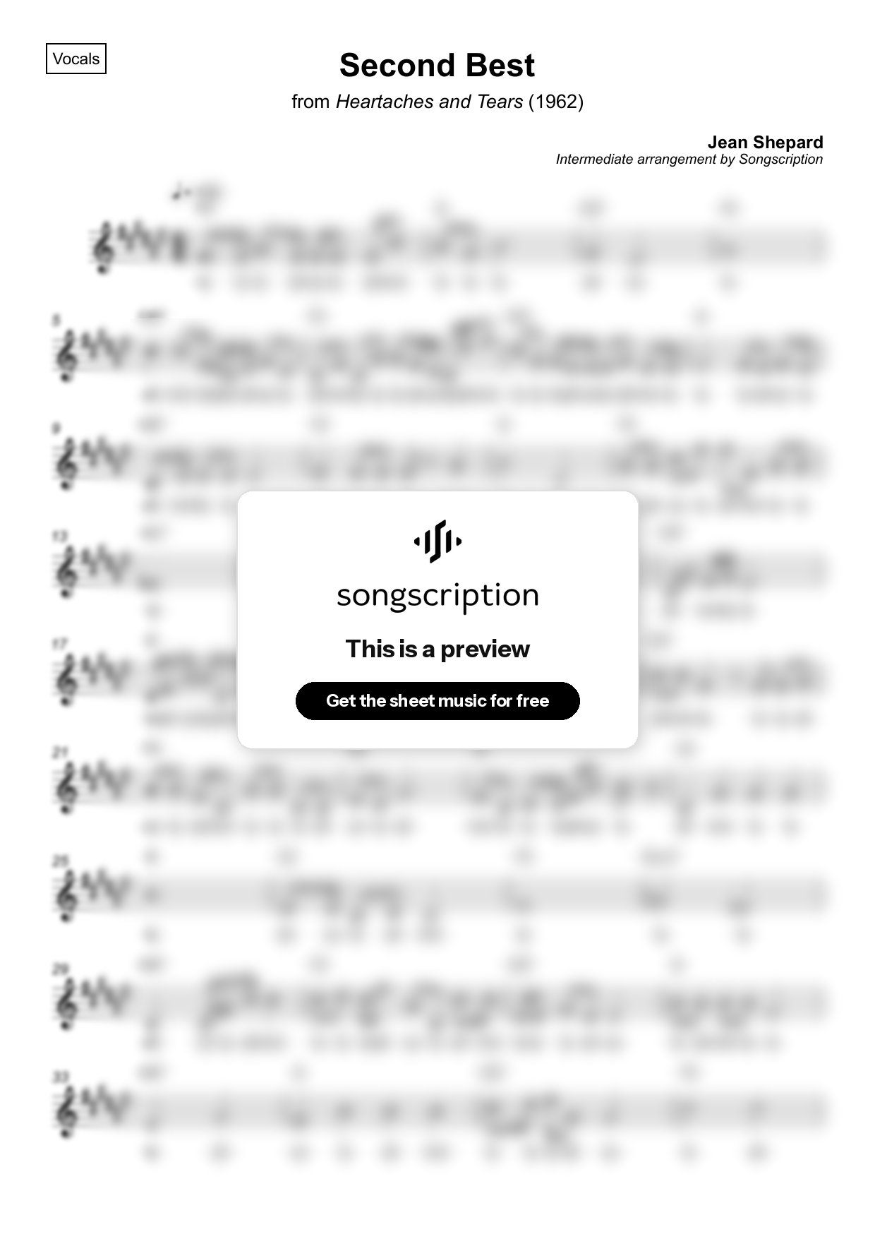 Intermediate Vocals Sheet Music for "Second Best" by Jean Shepard