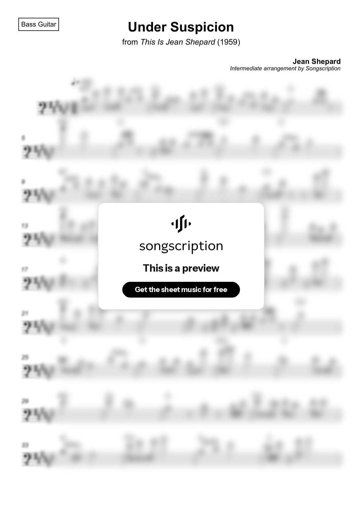 Intermediate Bass Guitar Sheet Music for "Under Suspicion" by Jean Shepard