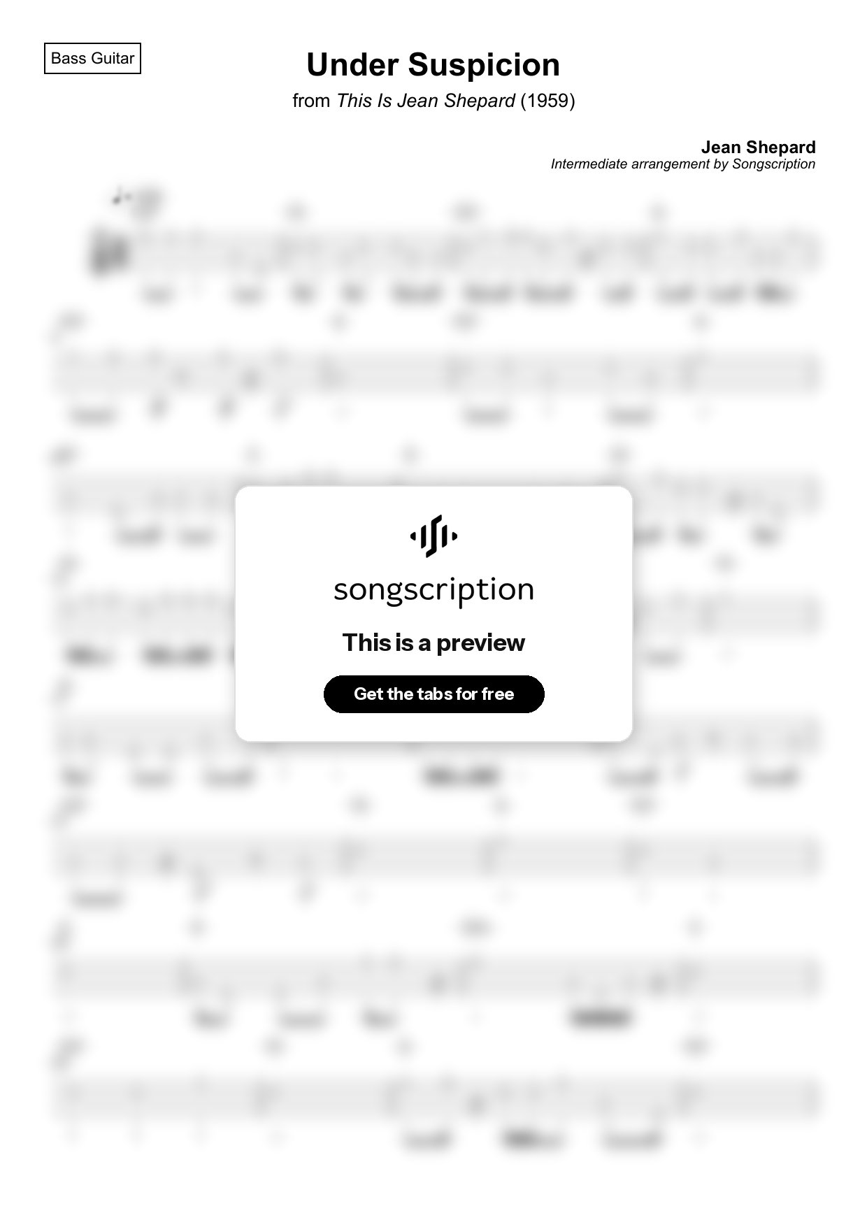 Intermediate Bass Guitar Tabs for "Under Suspicion" by Jean Shepard