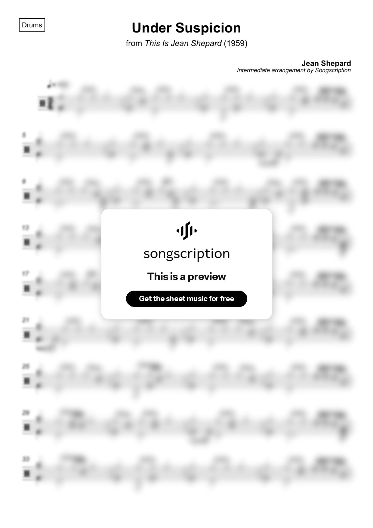 Intermediate Drums Sheet Music for "Under Suspicion" by Jean Shepard