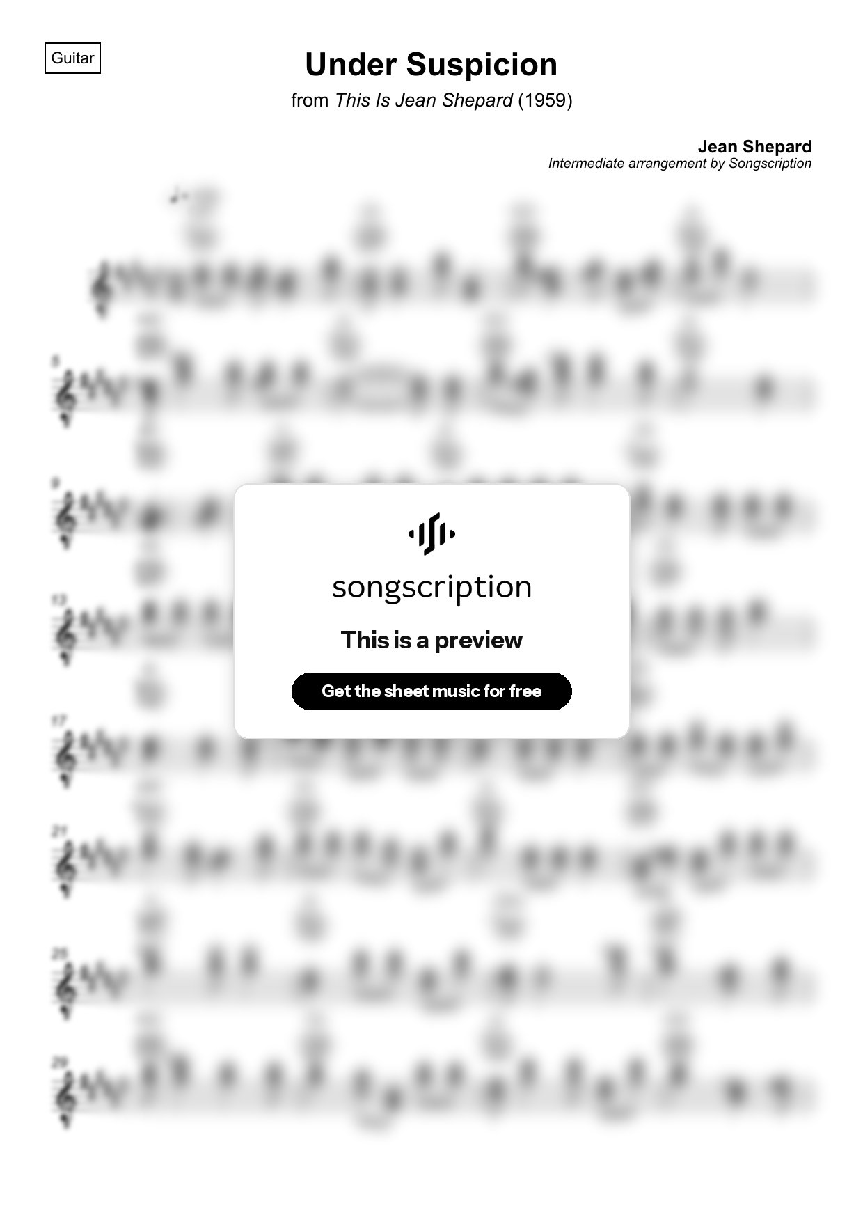 Intermediate Acoustic Guitar Sheet Music for "Under Suspicion" by Jean Shepard