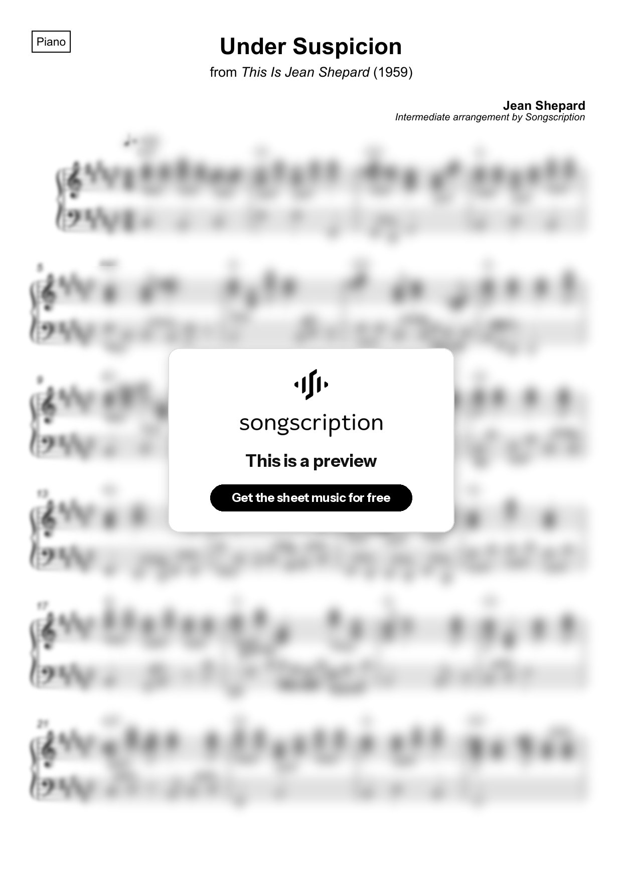Intermediate Piano Sheet Music for "Under Suspicion" by Jean Shepard