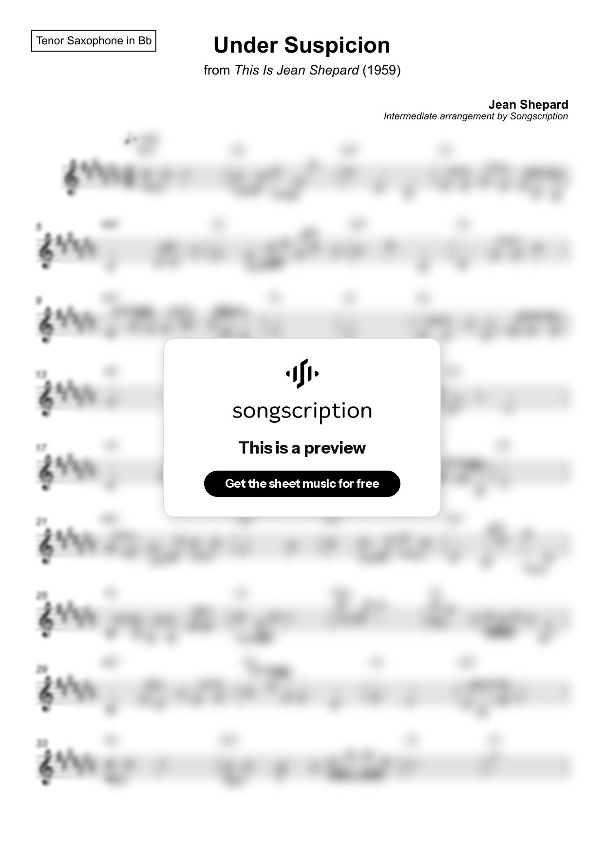 Intermediate Tenor Sax Sheet Music for "Under Suspicion" by Jean Shepard
