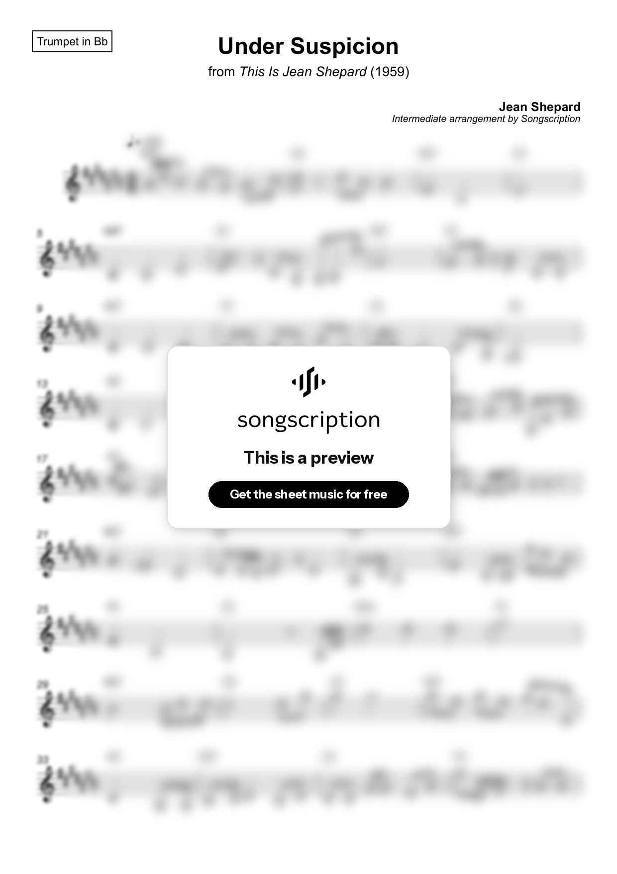 Intermediate Trumpet Sheet Music for "Under Suspicion" by Jean Shepard