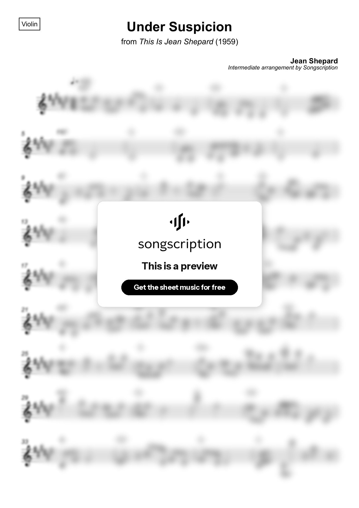 Intermediate Violin Sheet Music for "Under Suspicion" by Jean Shepard