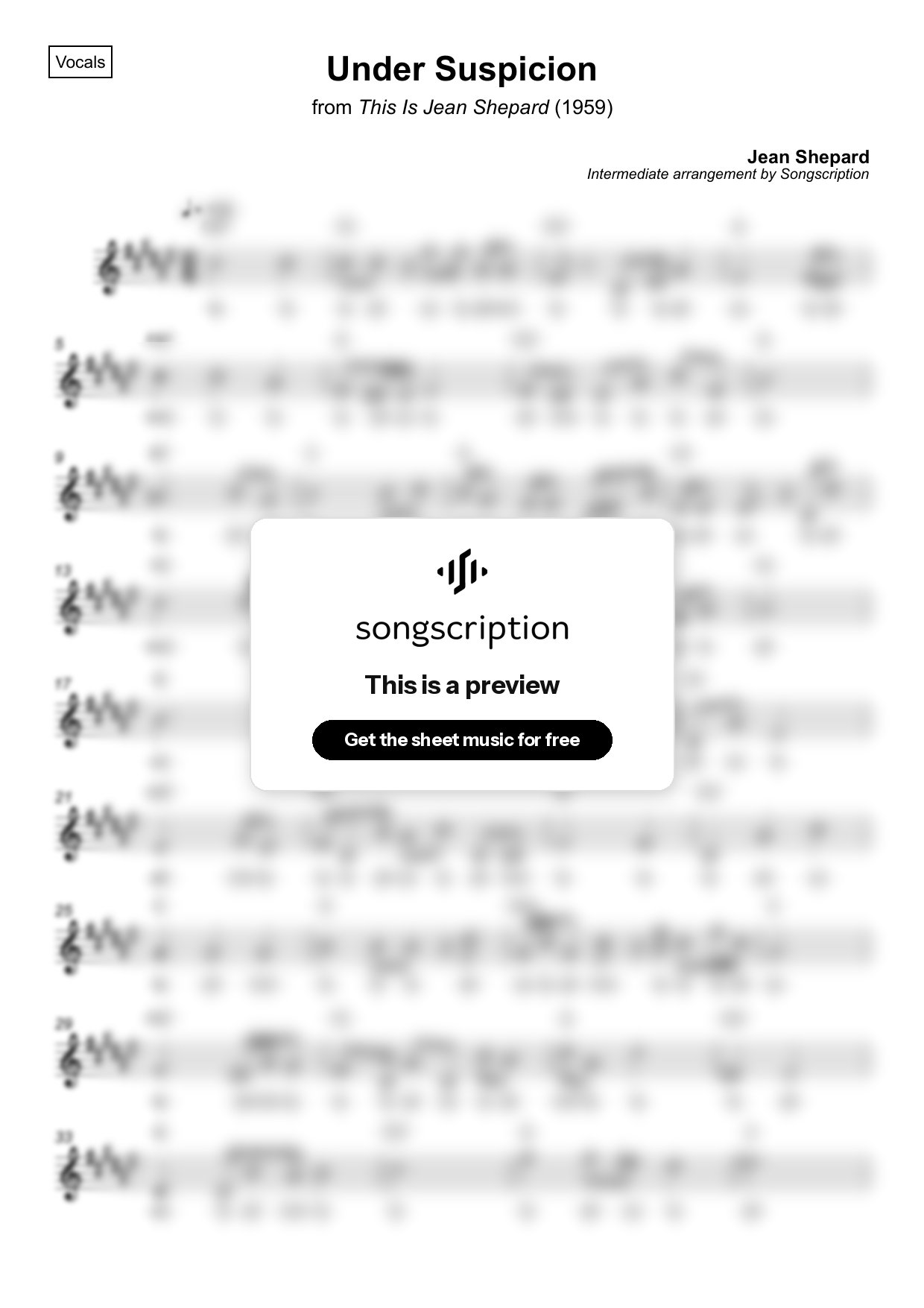 Intermediate Vocals Sheet Music for "Under Suspicion" by Jean Shepard