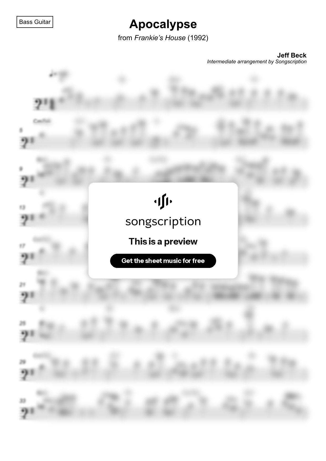Intermediate Bass Guitar Sheet Music for "Apocalypse" by Jeff Beck