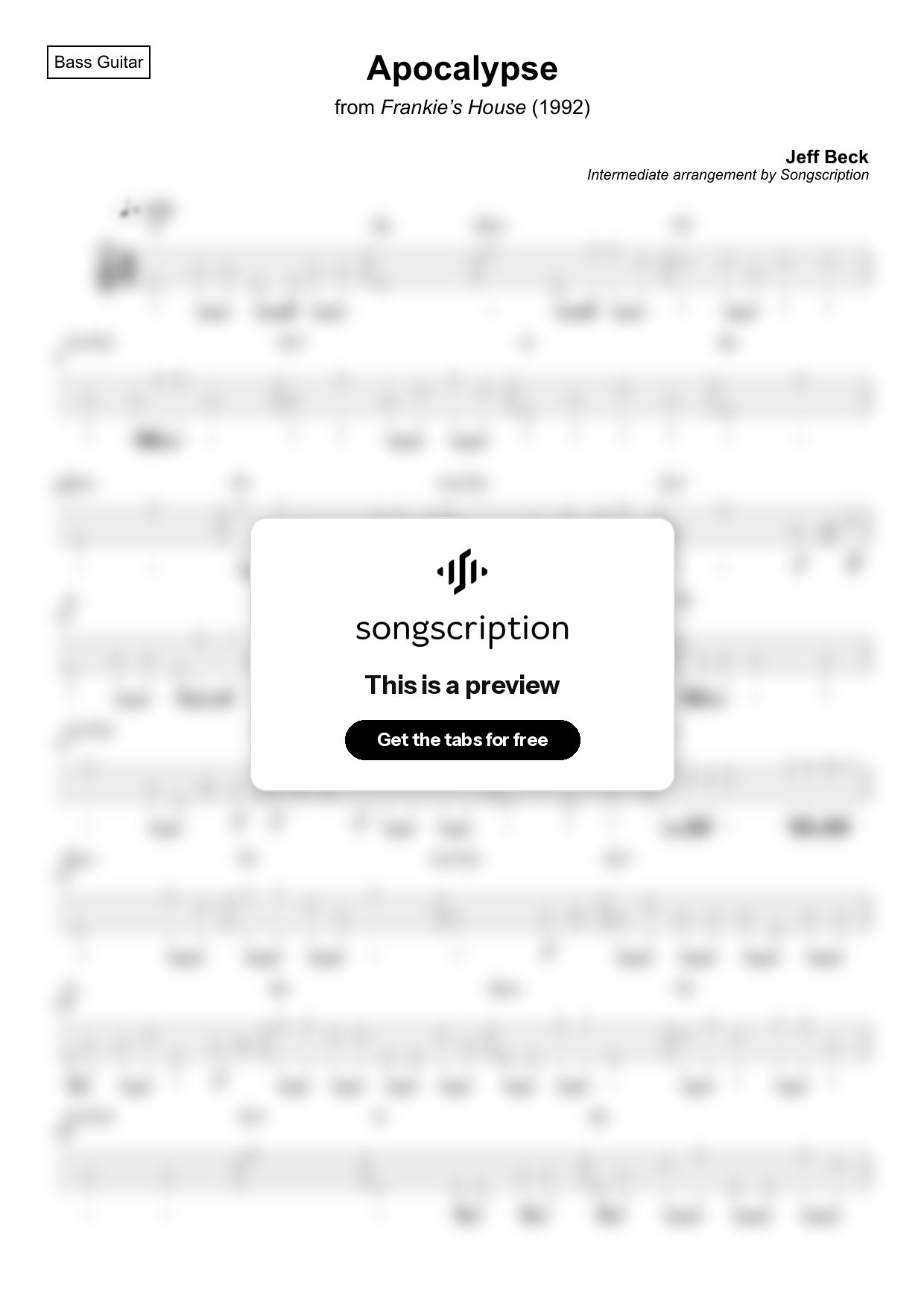 Intermediate Bass Guitar Tabs for "Apocalypse" by Jeff Beck