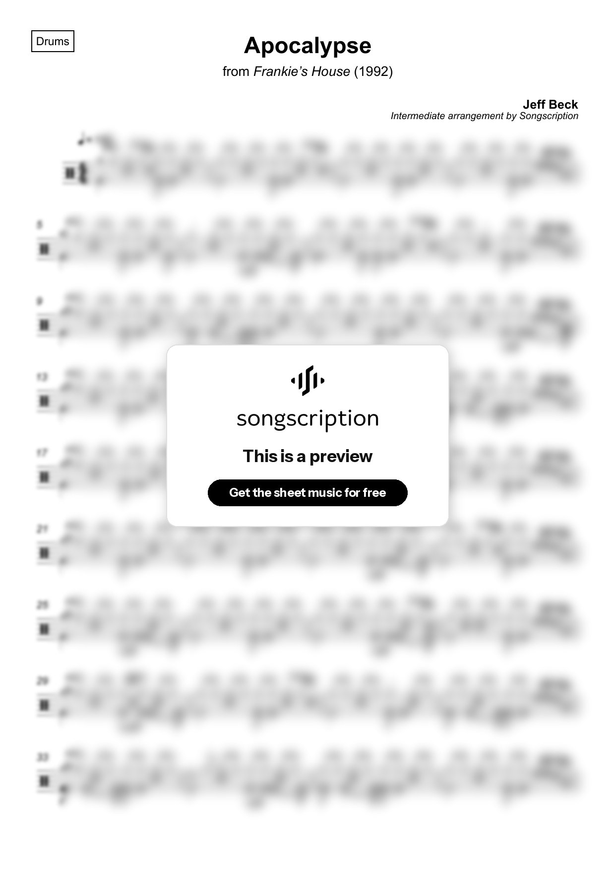 Intermediate Drums Sheet Music for "Apocalypse" by Jeff Beck