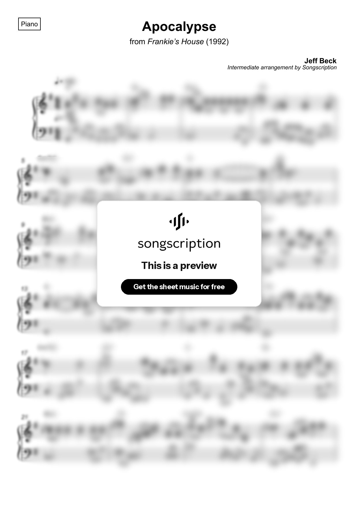Intermediate Piano Sheet Music for "Apocalypse" by Jeff Beck