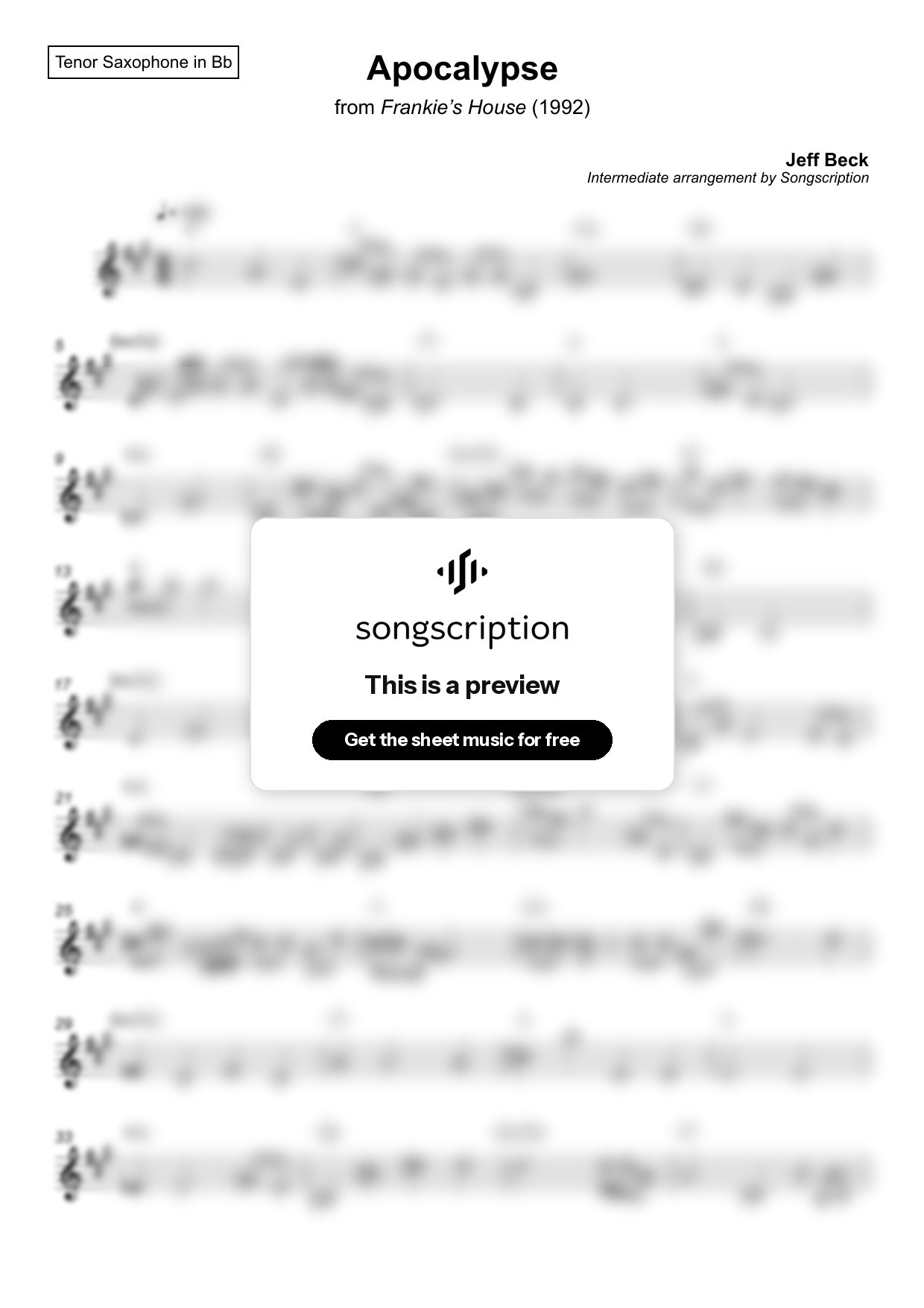 Intermediate Tenor Sax Sheet Music for "Apocalypse" by Jeff Beck