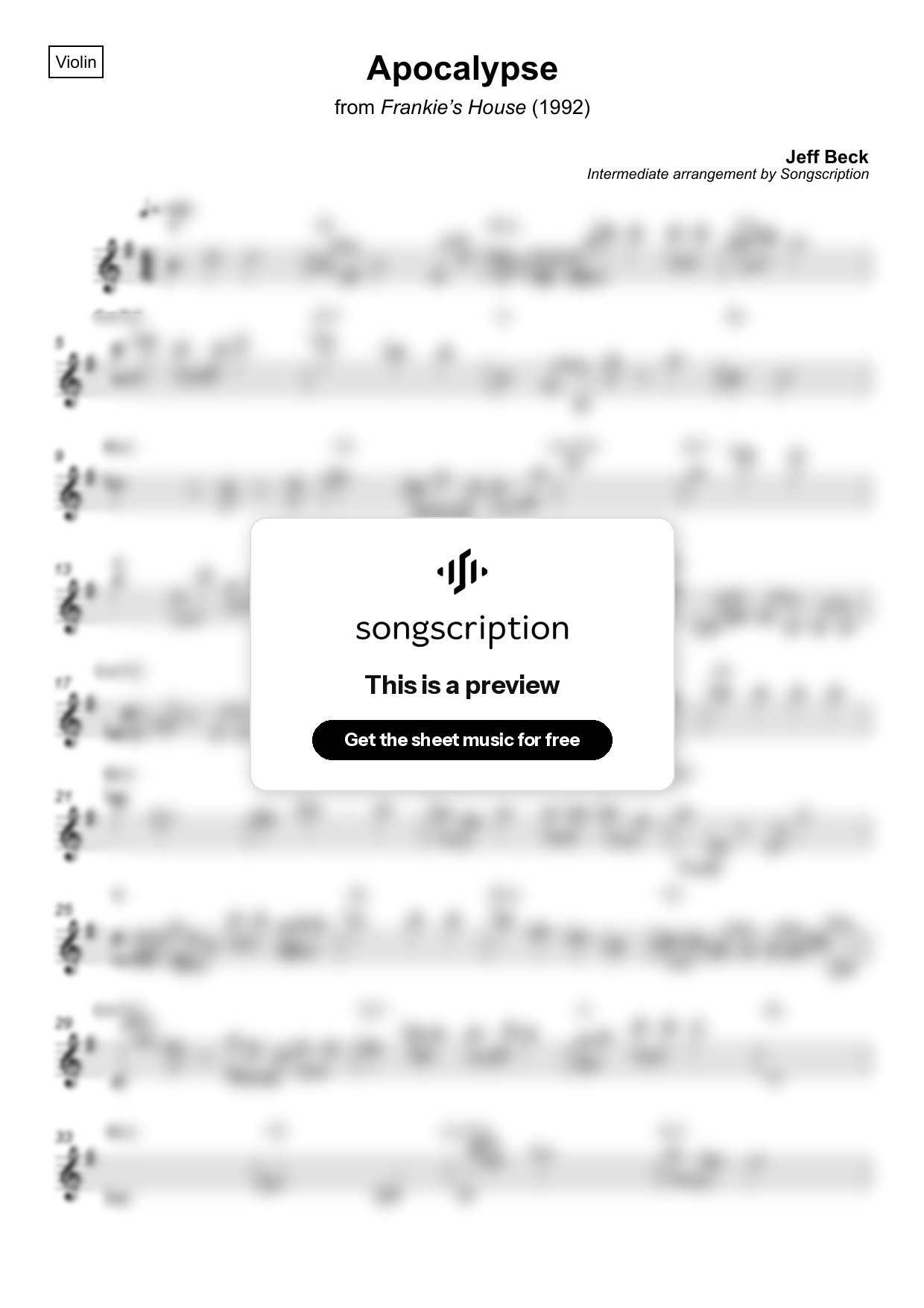 Intermediate Violin Sheet Music for "Apocalypse" by Jeff Beck