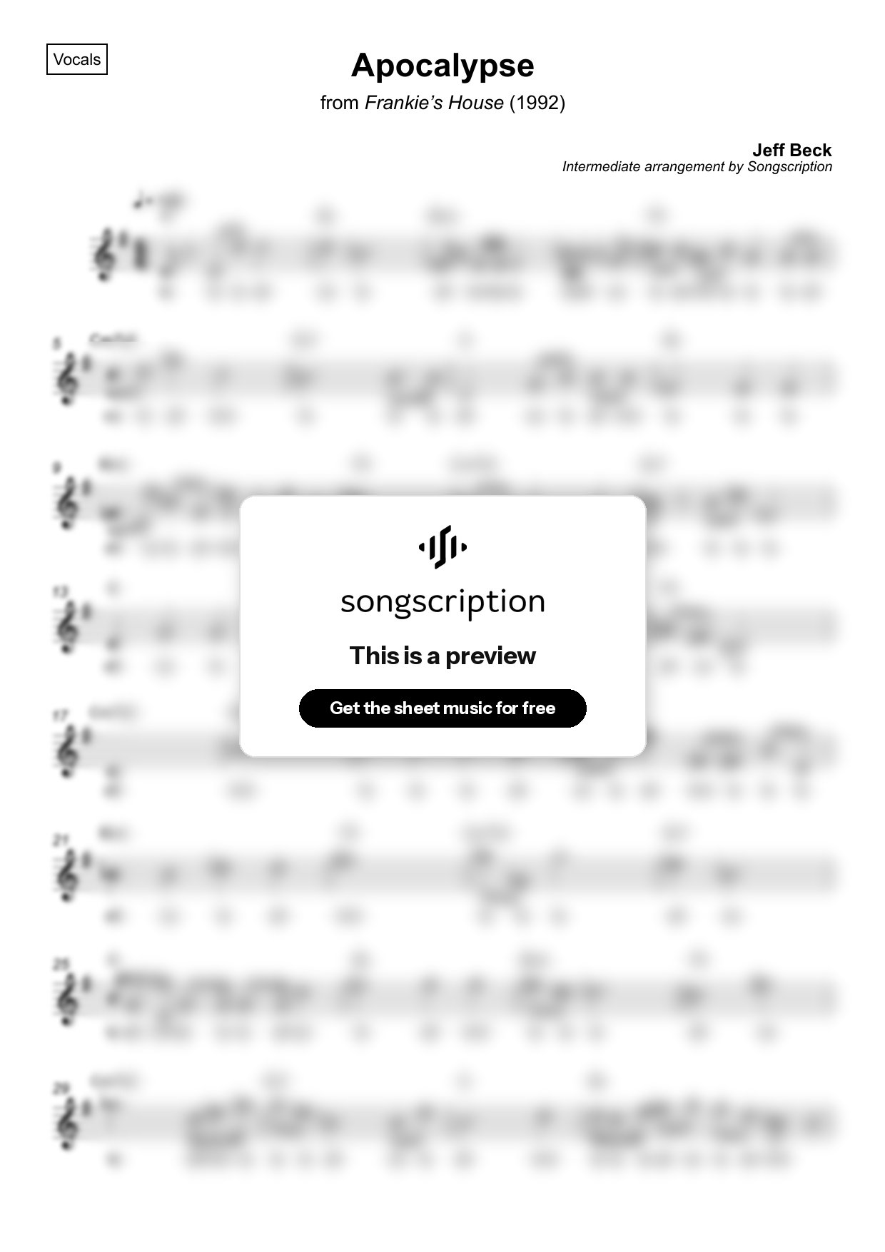 Intermediate Vocals Sheet Music for "Apocalypse" by Jeff Beck