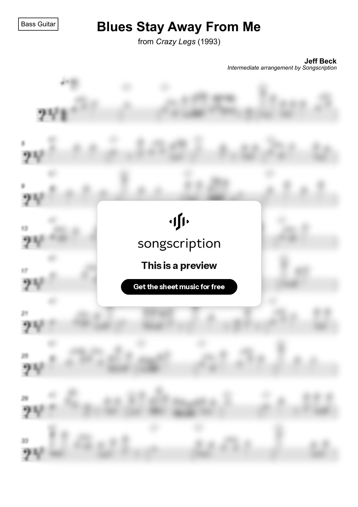 Intermediate Bass Guitar Sheet Music for "Blues Stay Away From Me" by Jeff Beck