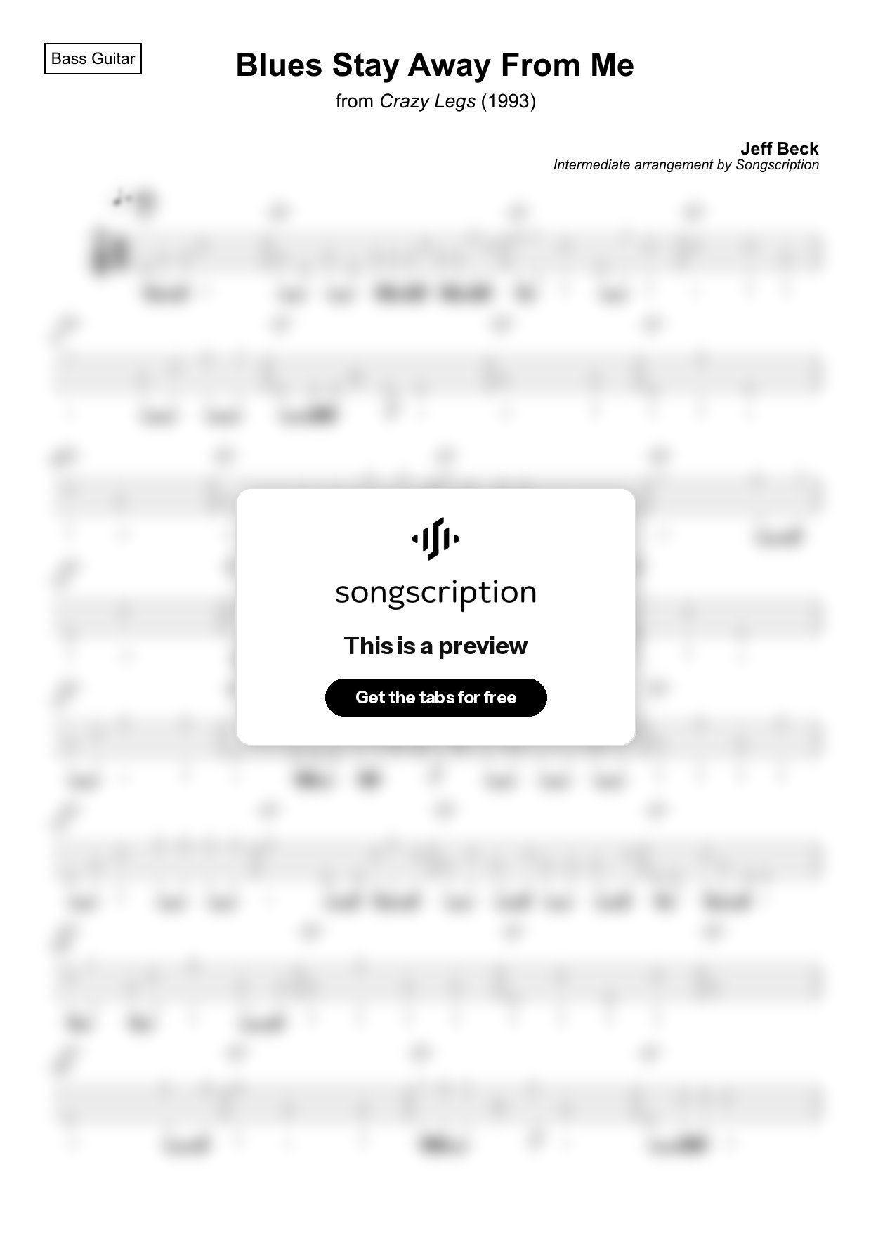 Intermediate Bass Guitar Tabs for "Blues Stay Away From Me" by Jeff Beck