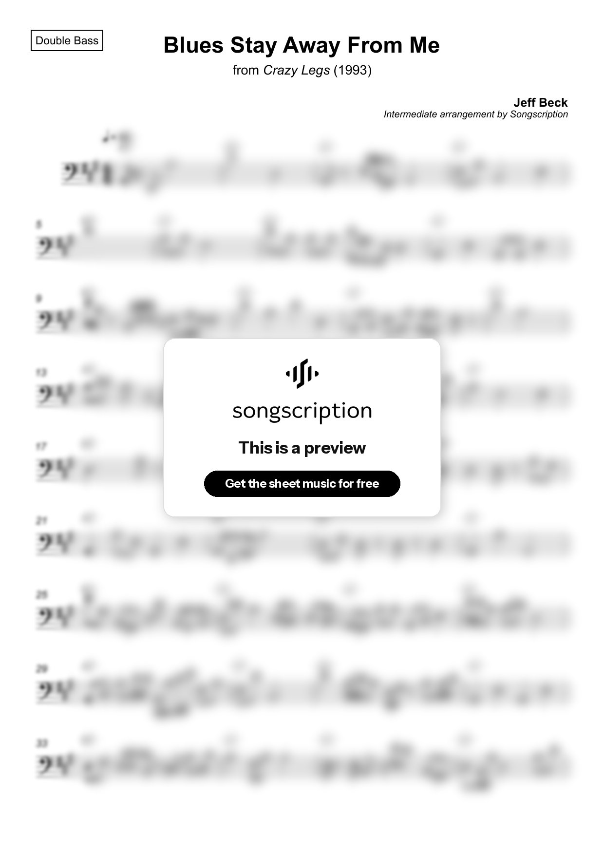 Intermediate Double Bass Sheet Music for "Blues Stay Away From Me" by Jeff Beck