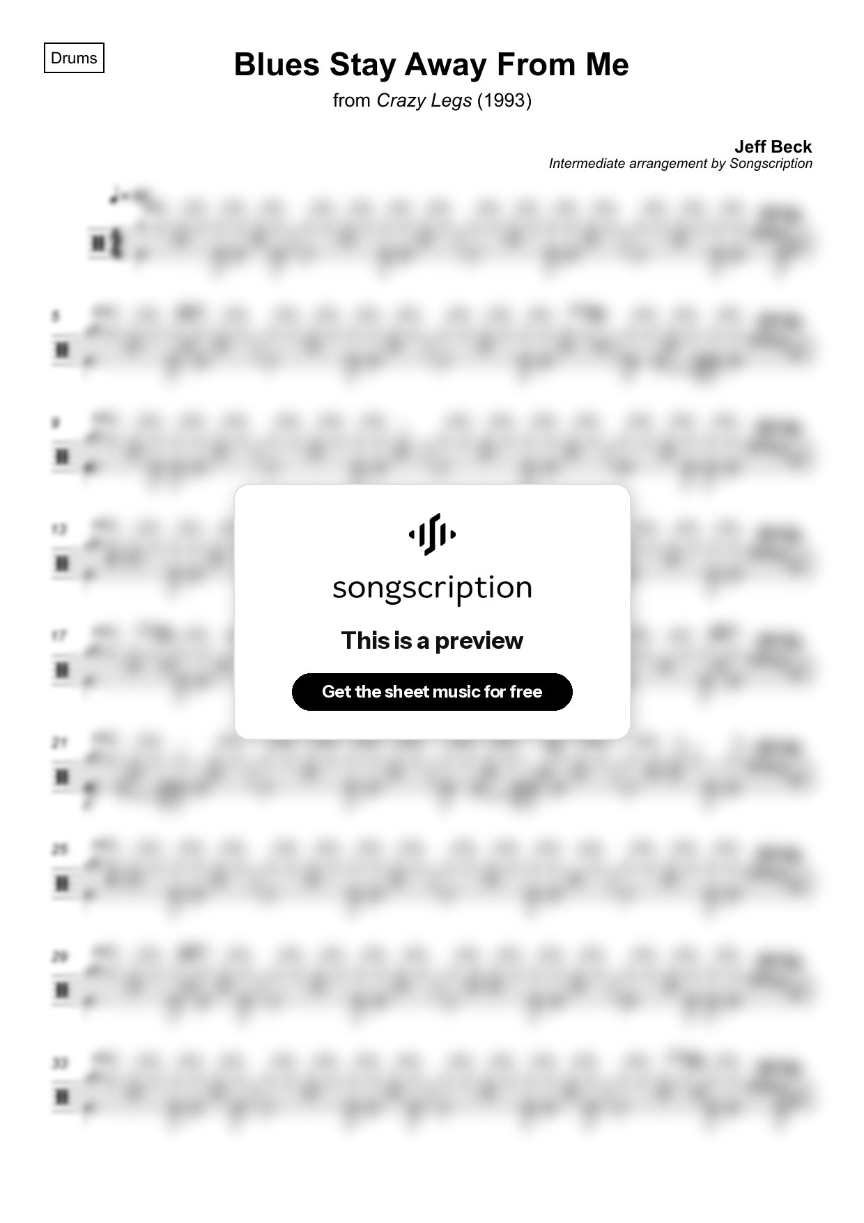 Intermediate Drums Sheet Music for "Blues Stay Away From Me" by Jeff Beck