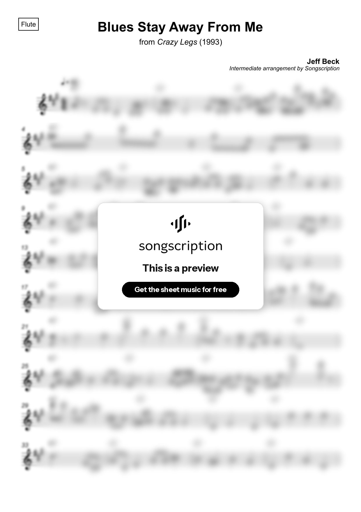 Intermediate Flute Sheet Music for "Blues Stay Away From Me" by Jeff Beck