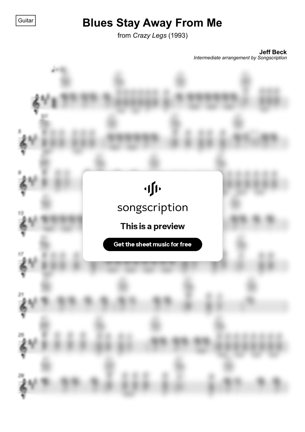Intermediate Acoustic Guitar Sheet Music for "Blues Stay Away From Me" by Jeff Beck