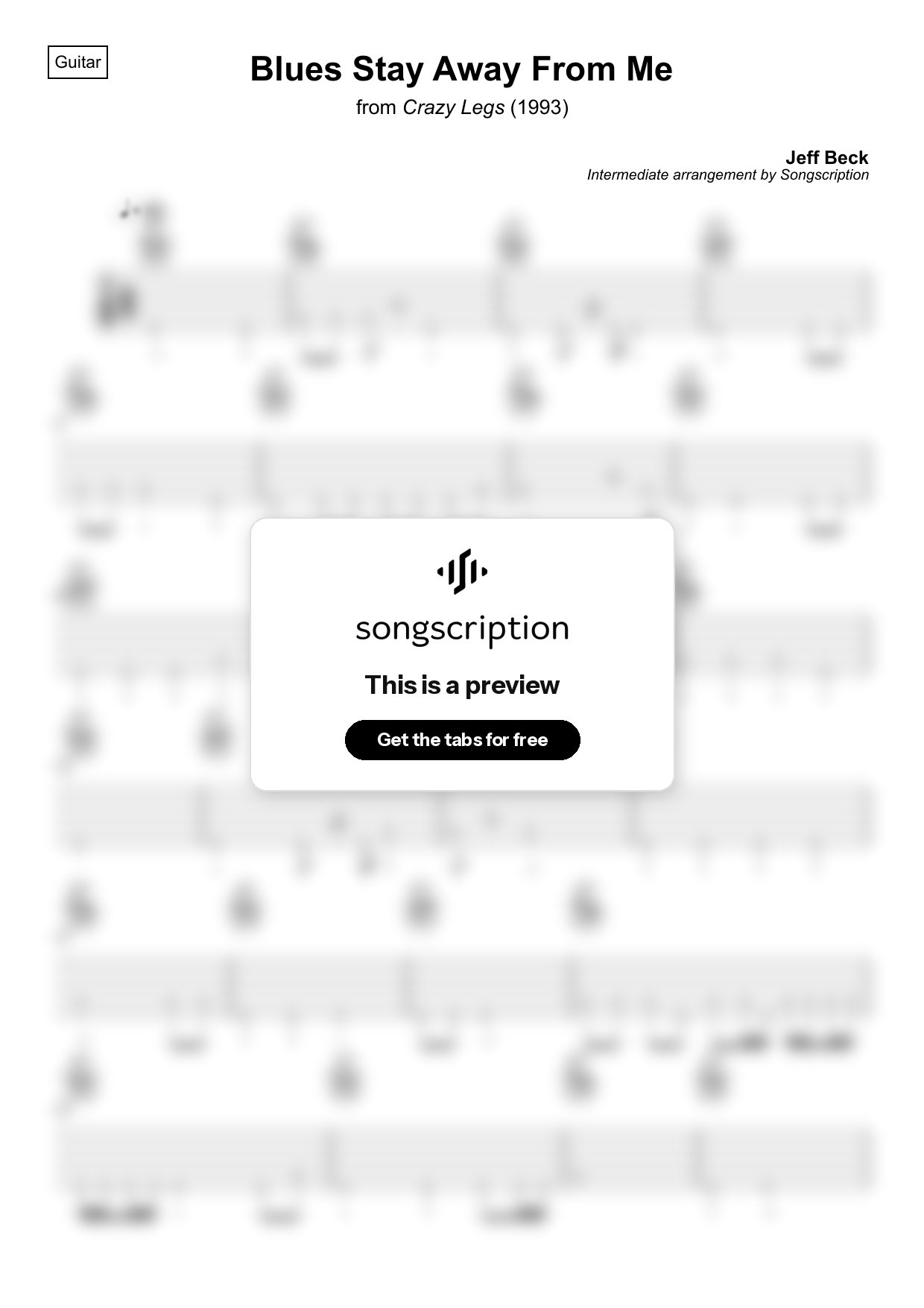 Intermediate Acoustic Guitar Tabs for "Blues Stay Away From Me" by Jeff Beck