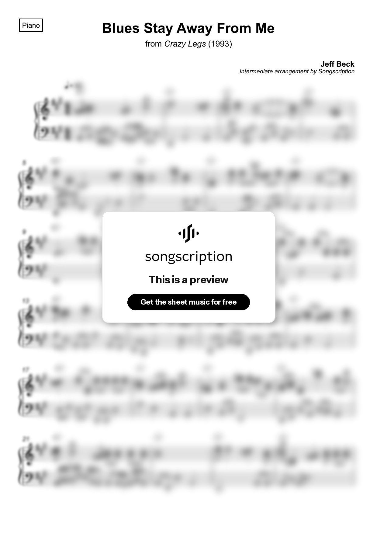 Intermediate Piano Sheet Music for "Blues Stay Away From Me" by Jeff Beck