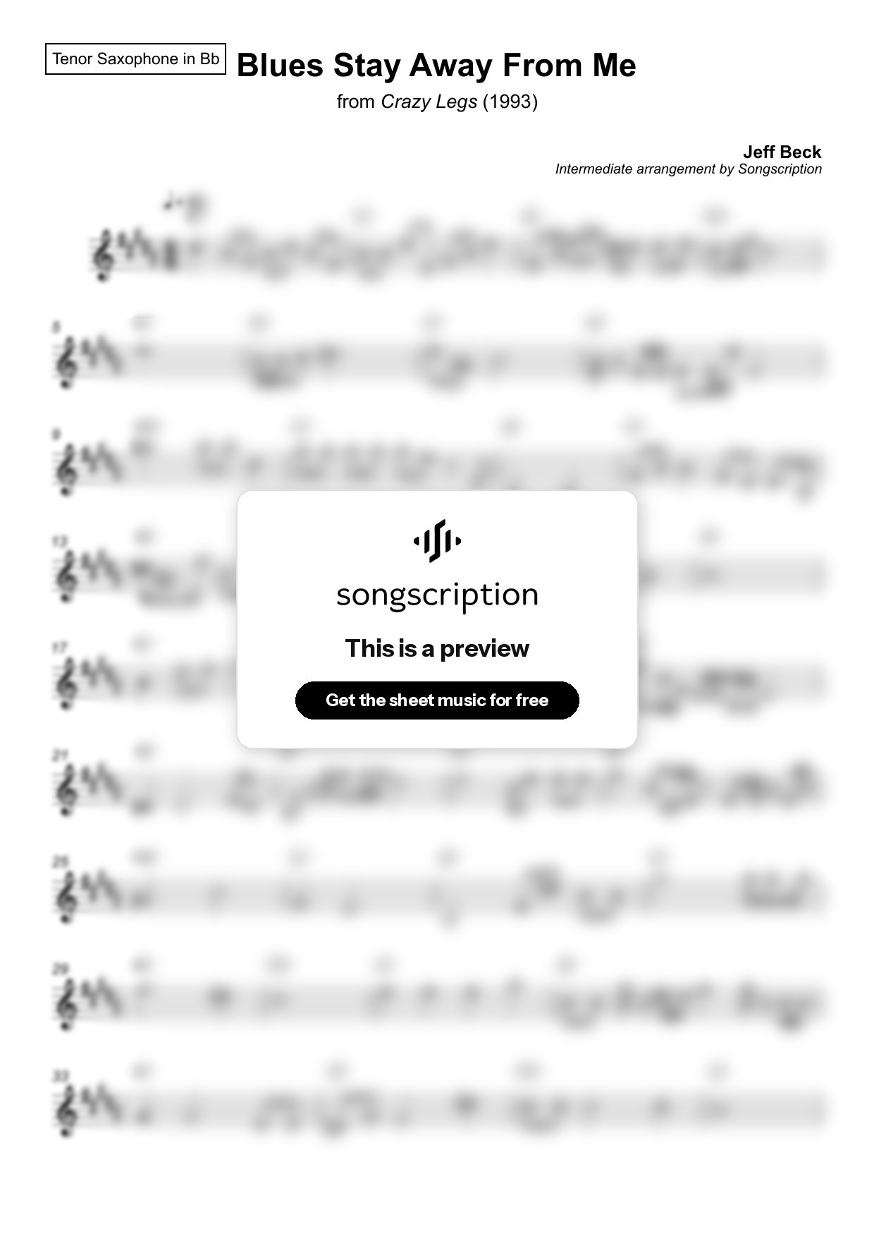 Intermediate Tenor Sax Sheet Music for "Blues Stay Away From Me" by Jeff Beck